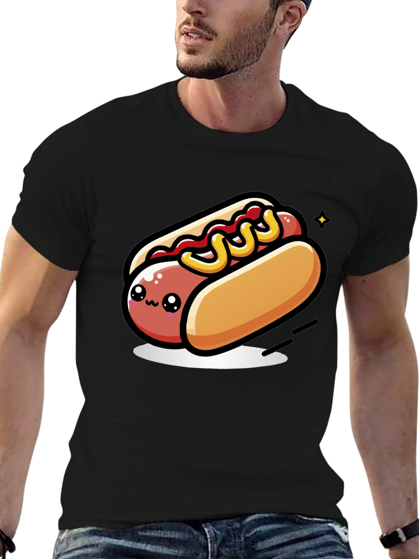 Black Cute Hotdog Cartoon T-Shirt - Black view 6
