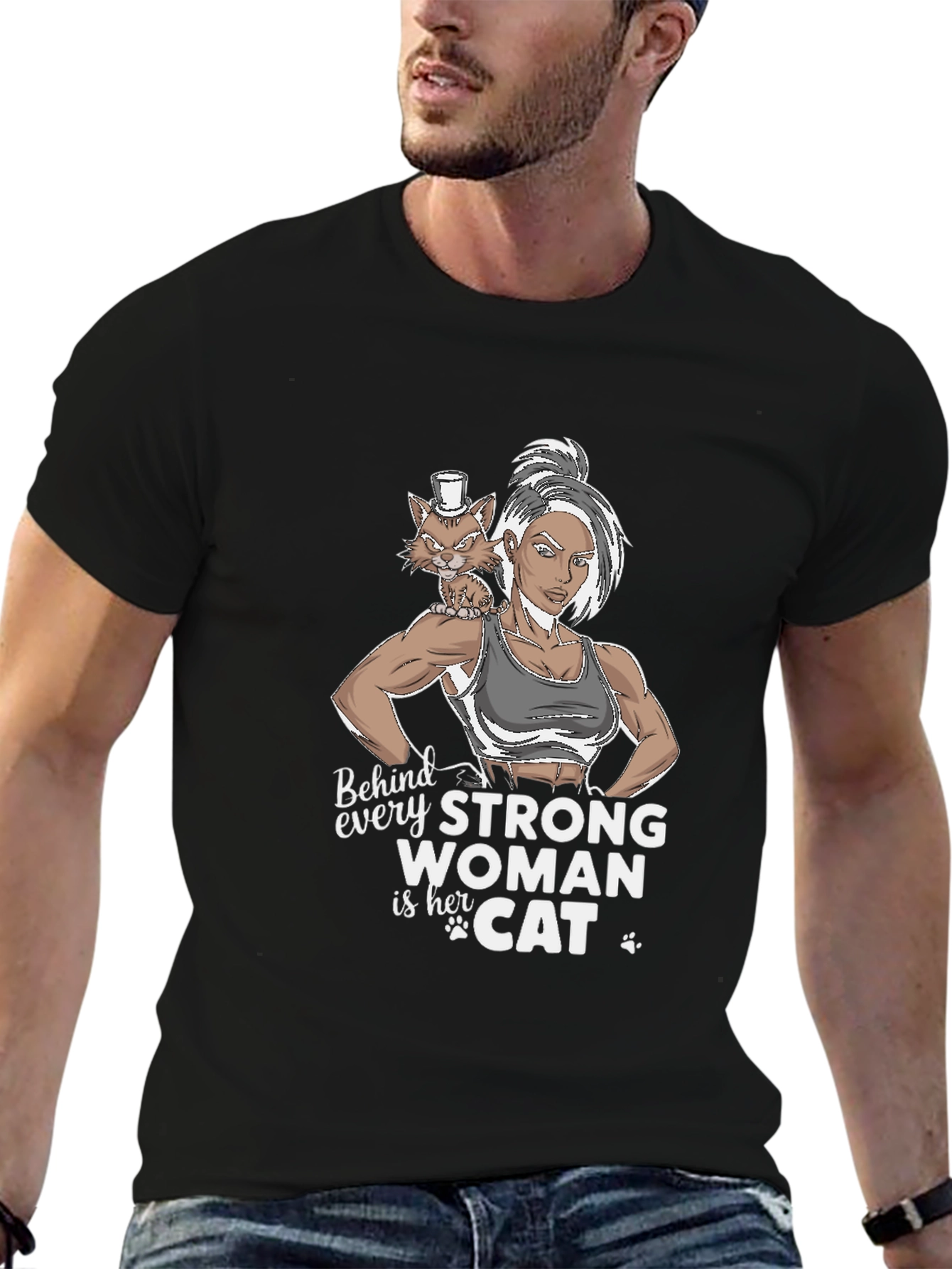 Black Strong Woman & Cat Graphic T-Shirt view 6