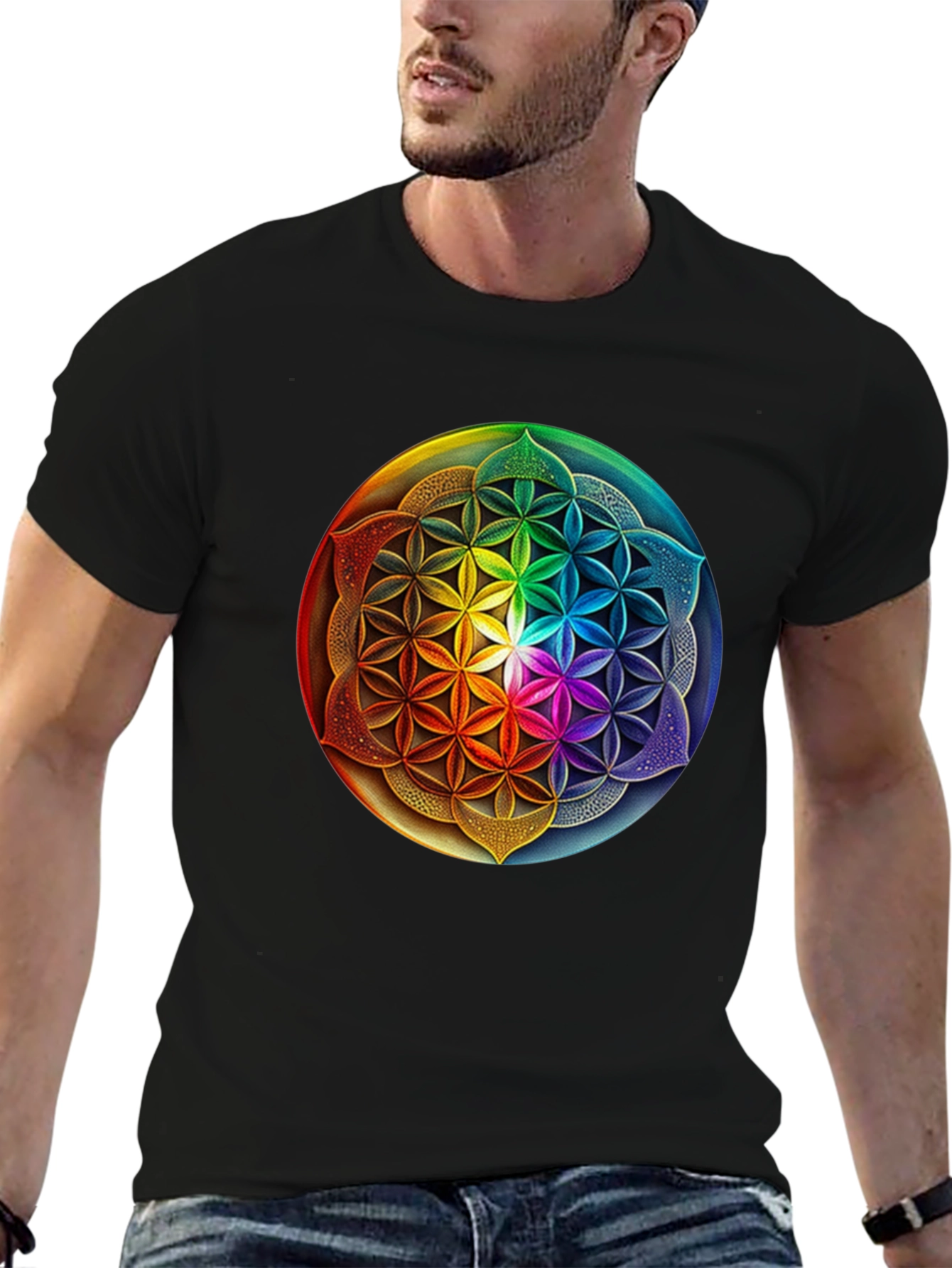 Black Rainbow Flower of Life Graphic Tee view 6