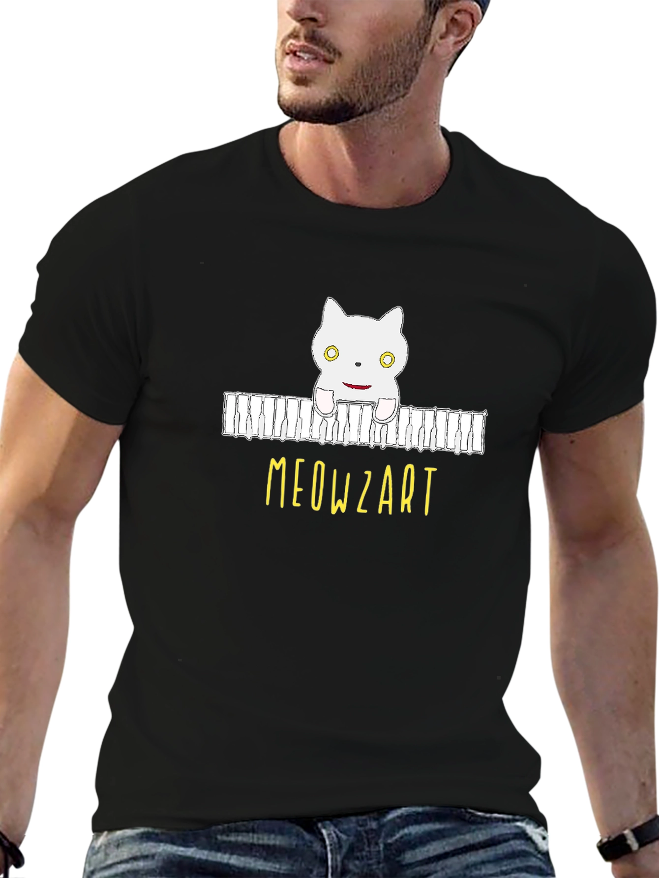 Black Meowzart Cat Piano T-Shirt - Music Lover Tee view 6