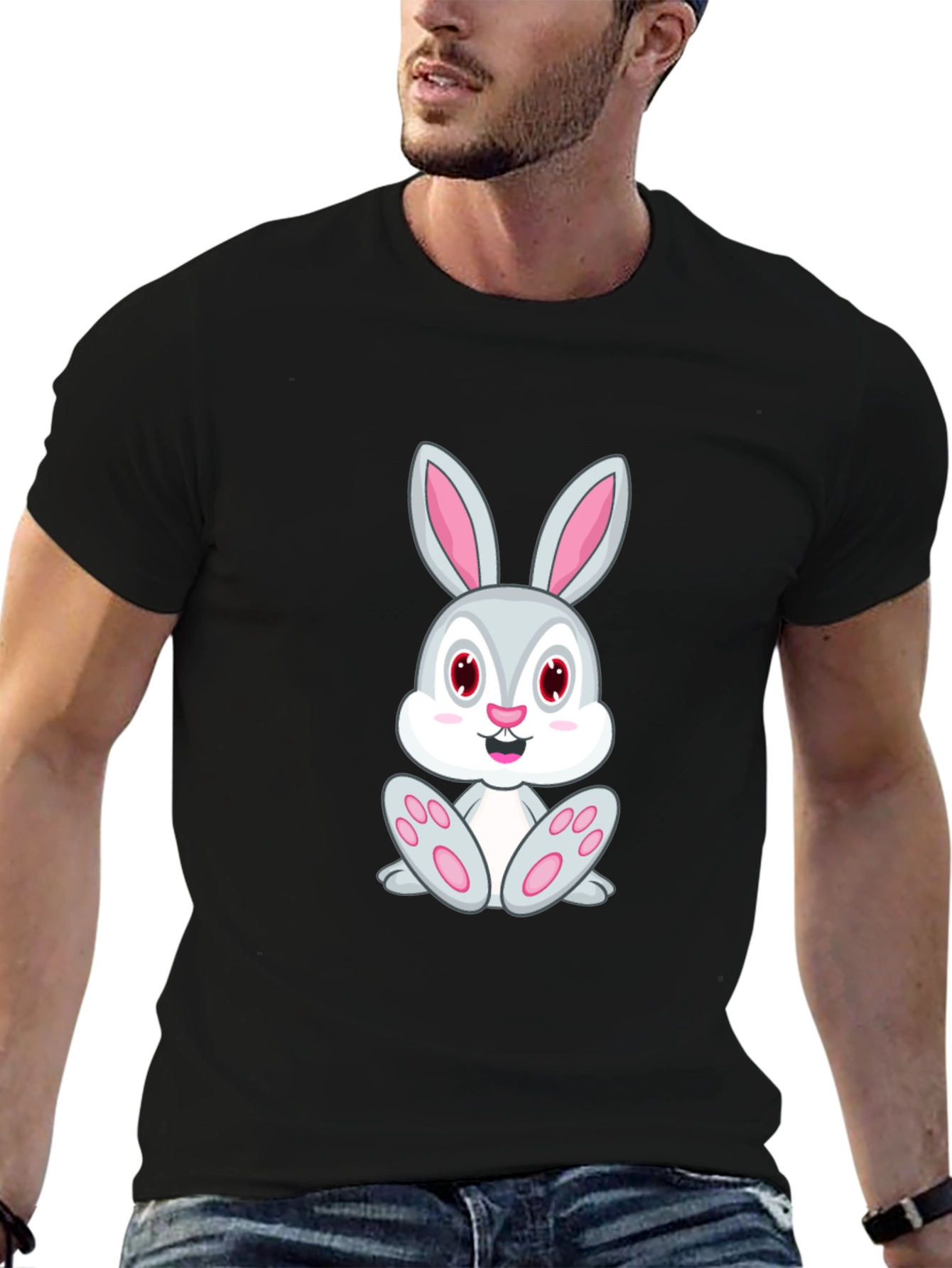 Black Cute Bunny Graphic Tee - Black Cotton T-Shirt view 6