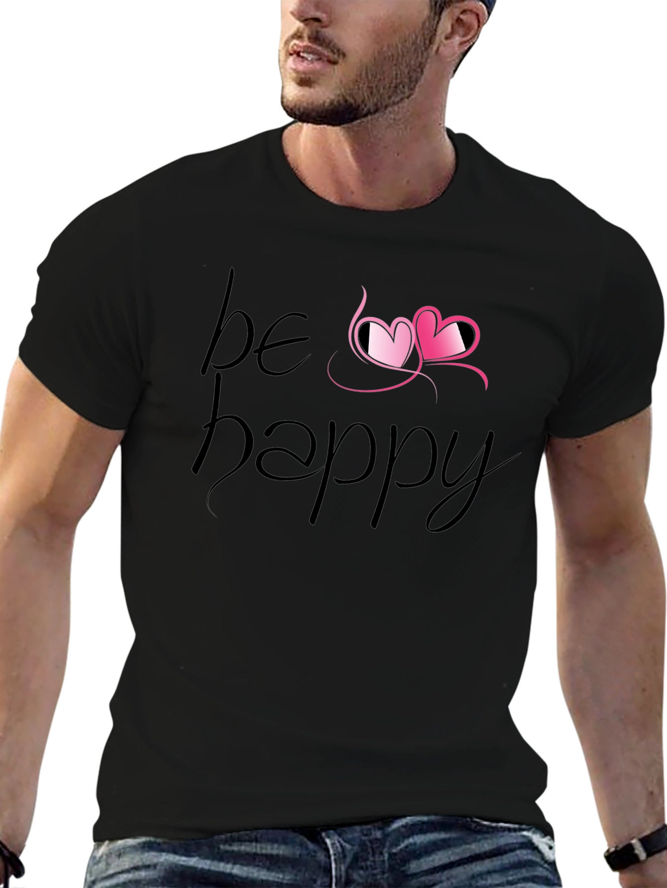 Black Be Happy Heart Tee - Black Graphic T-Shirt view 6