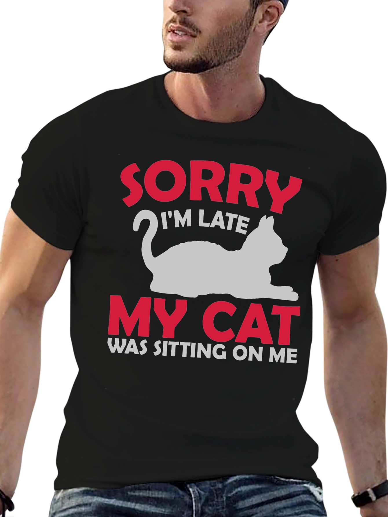 Black Sorry I'm Late My Cat T-Shirt view 6