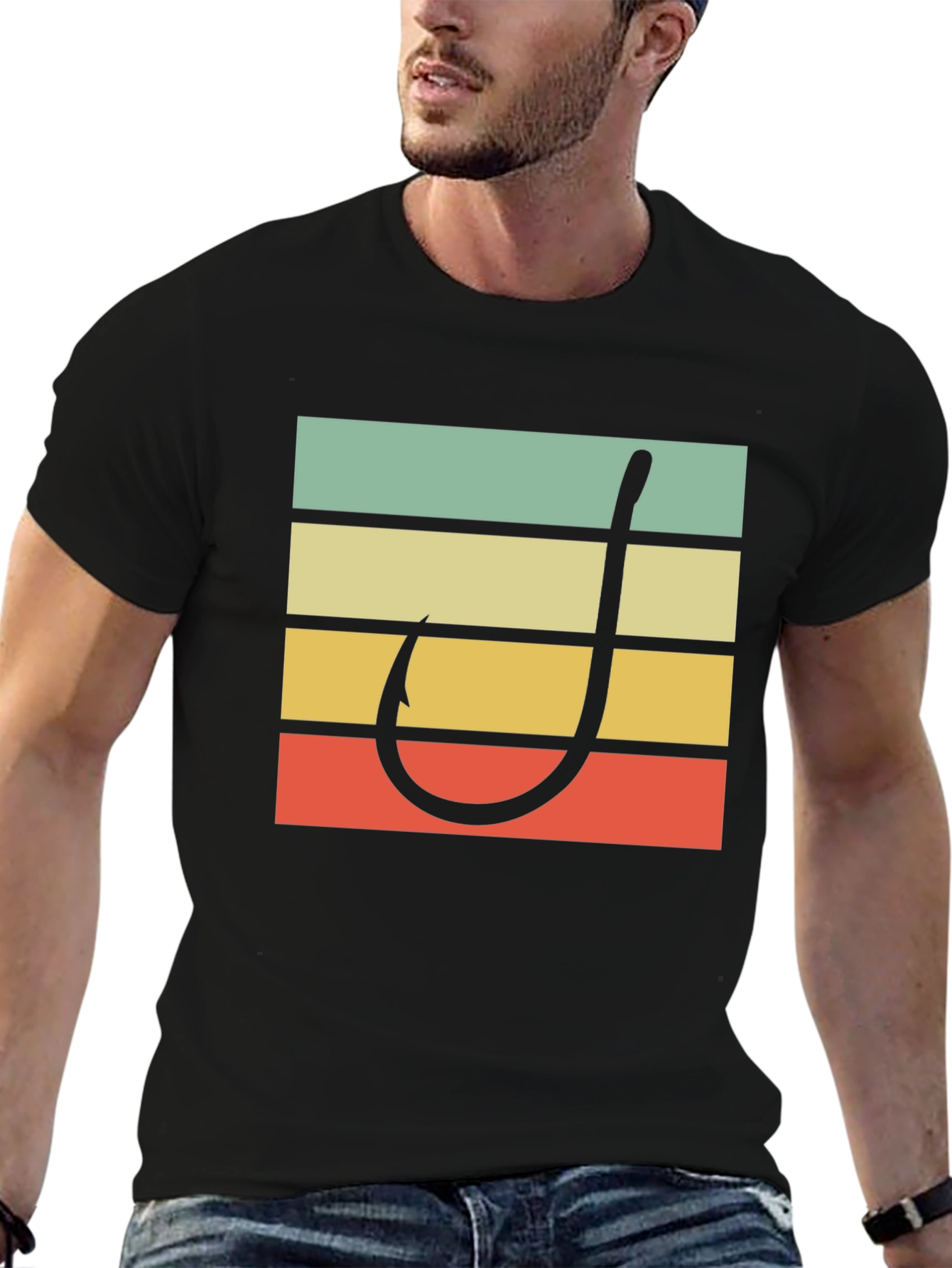 Black Retro Fishing Hook T-Shirt view 6