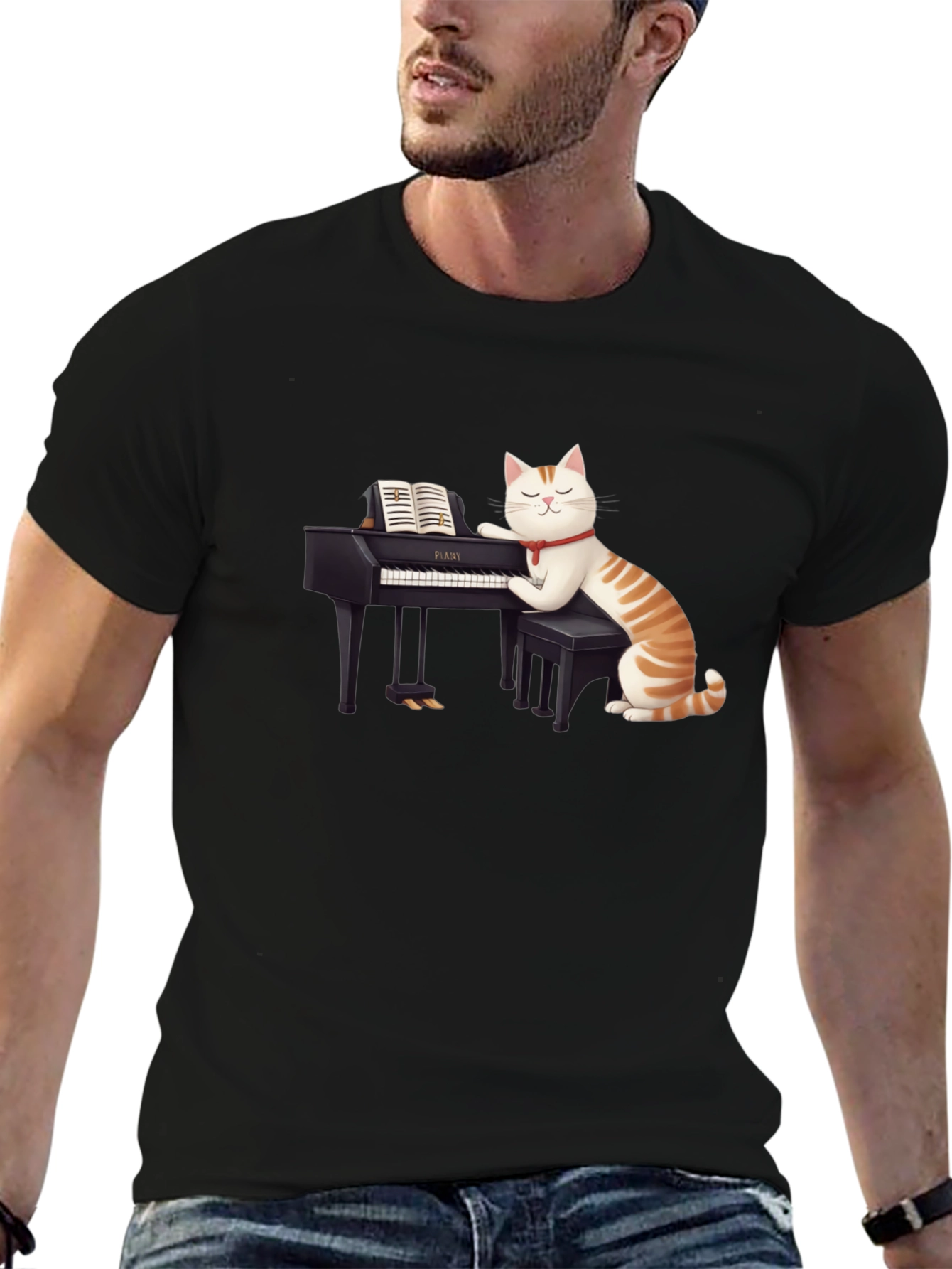 Black Cat Playing Piano T-Shirt - Unique Graphic Tee view 6