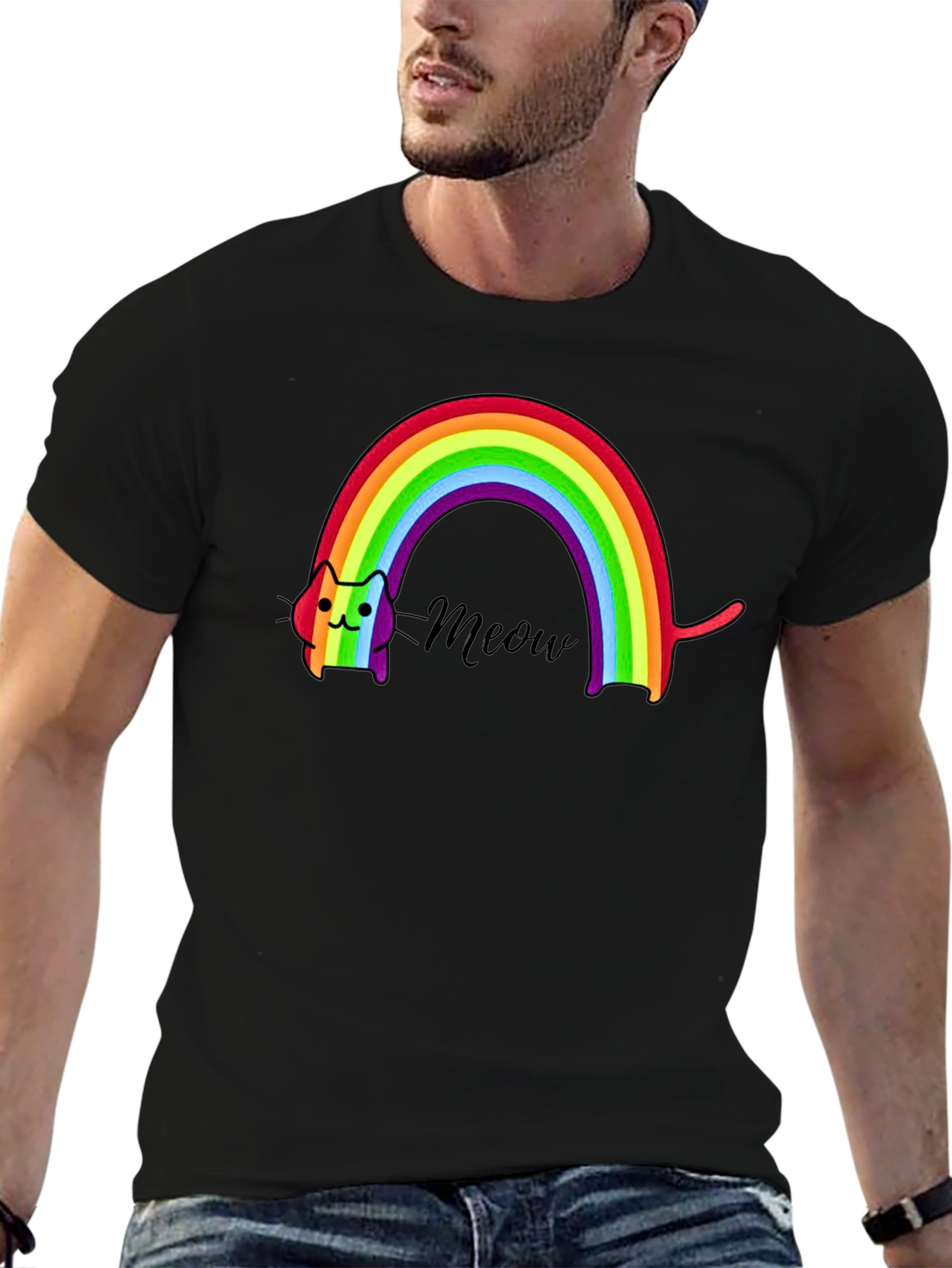Black Rainbow Cat Meow T-Shirt view 6