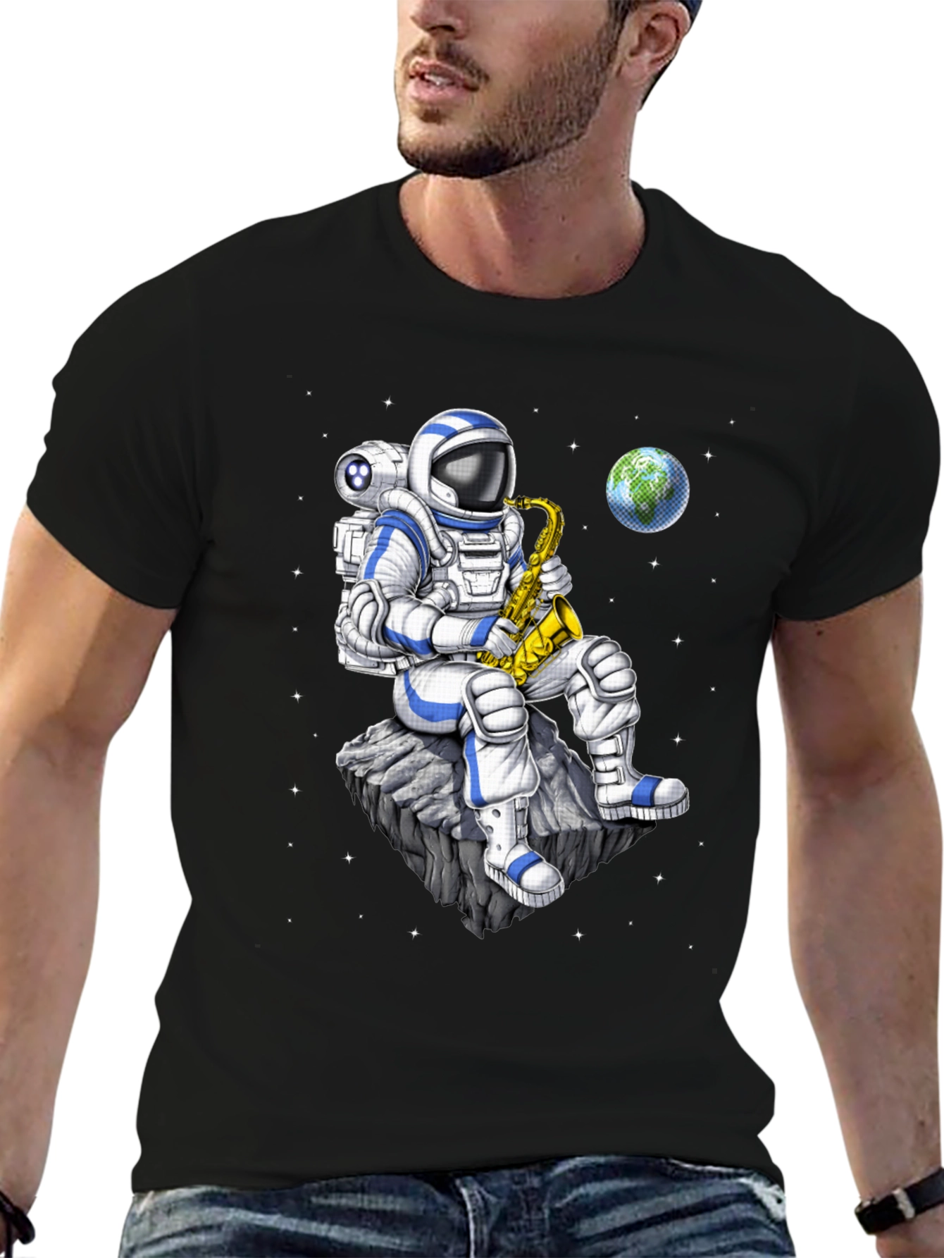 Black Astronaut Saxophone T-Shirt: Space Musician Tee view 6