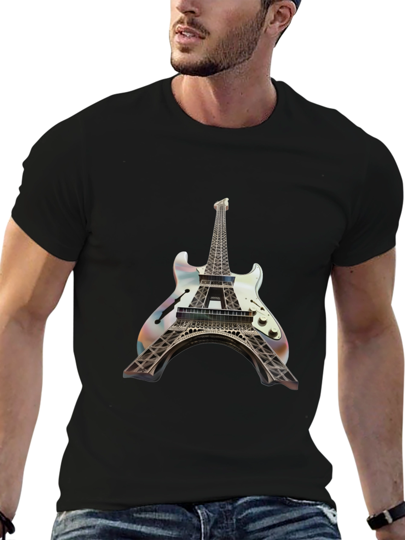 Black Eiffel Tower Guitar T-Shirt - Unique Design view 6