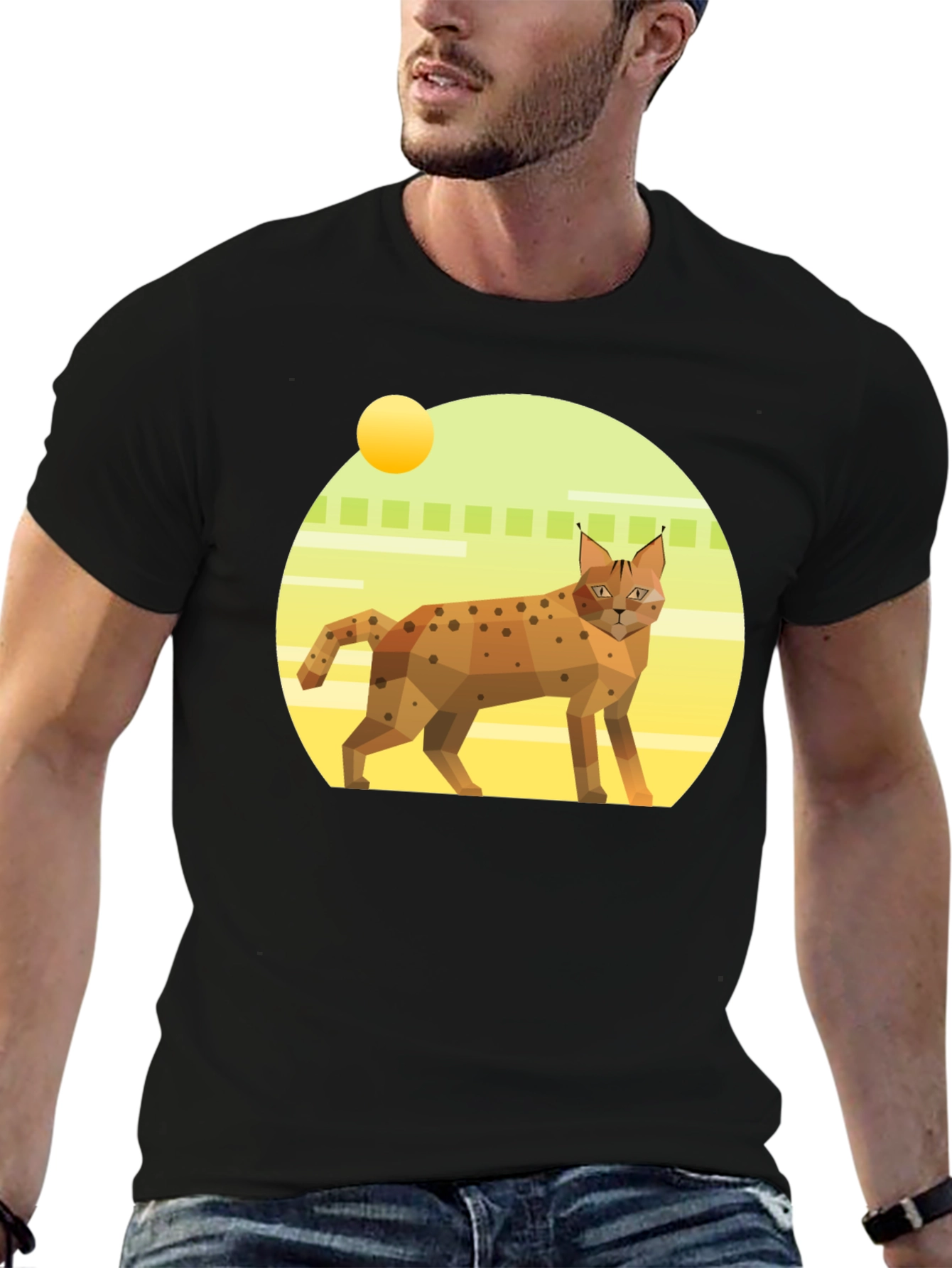 Black Geometric Lynx T-Shirt - Cool Cat Graphic Tee view 6