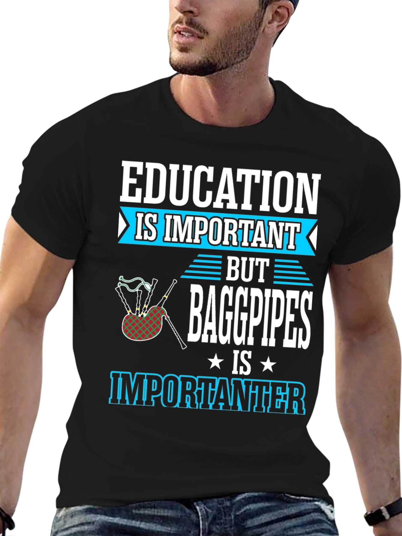 Black Education vs Bagpipes T-Shirt - Importanter Funny Tee view 6