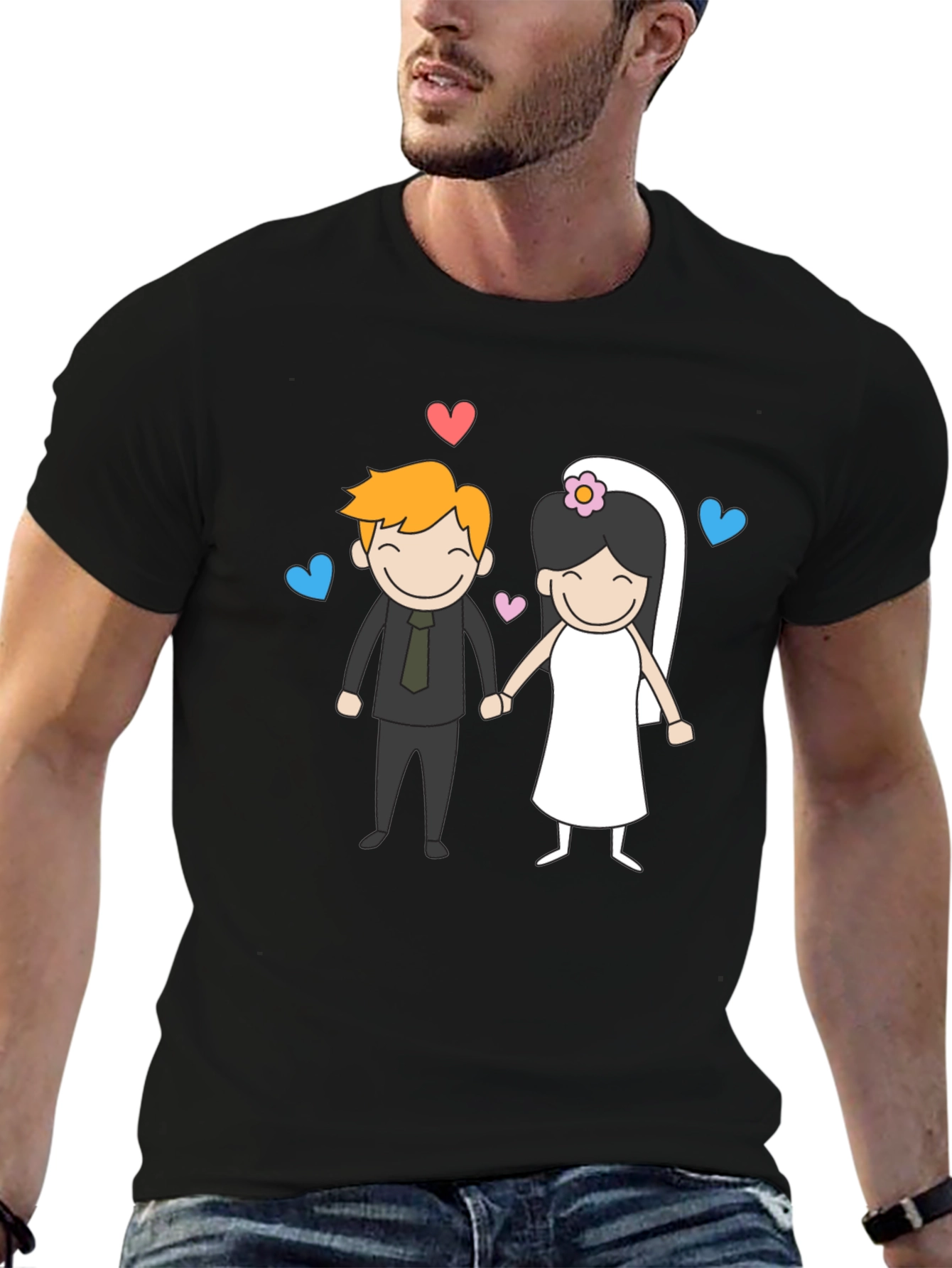 Black Cartoon Wedding Couple Graphic Tee - Black view 6