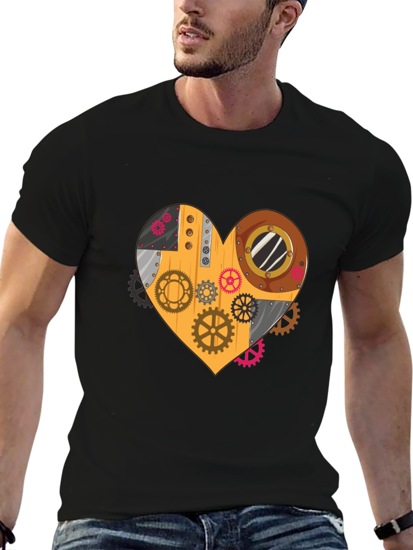 Black Steampunk Heart Gear T-Shirt - Unique Design view 6