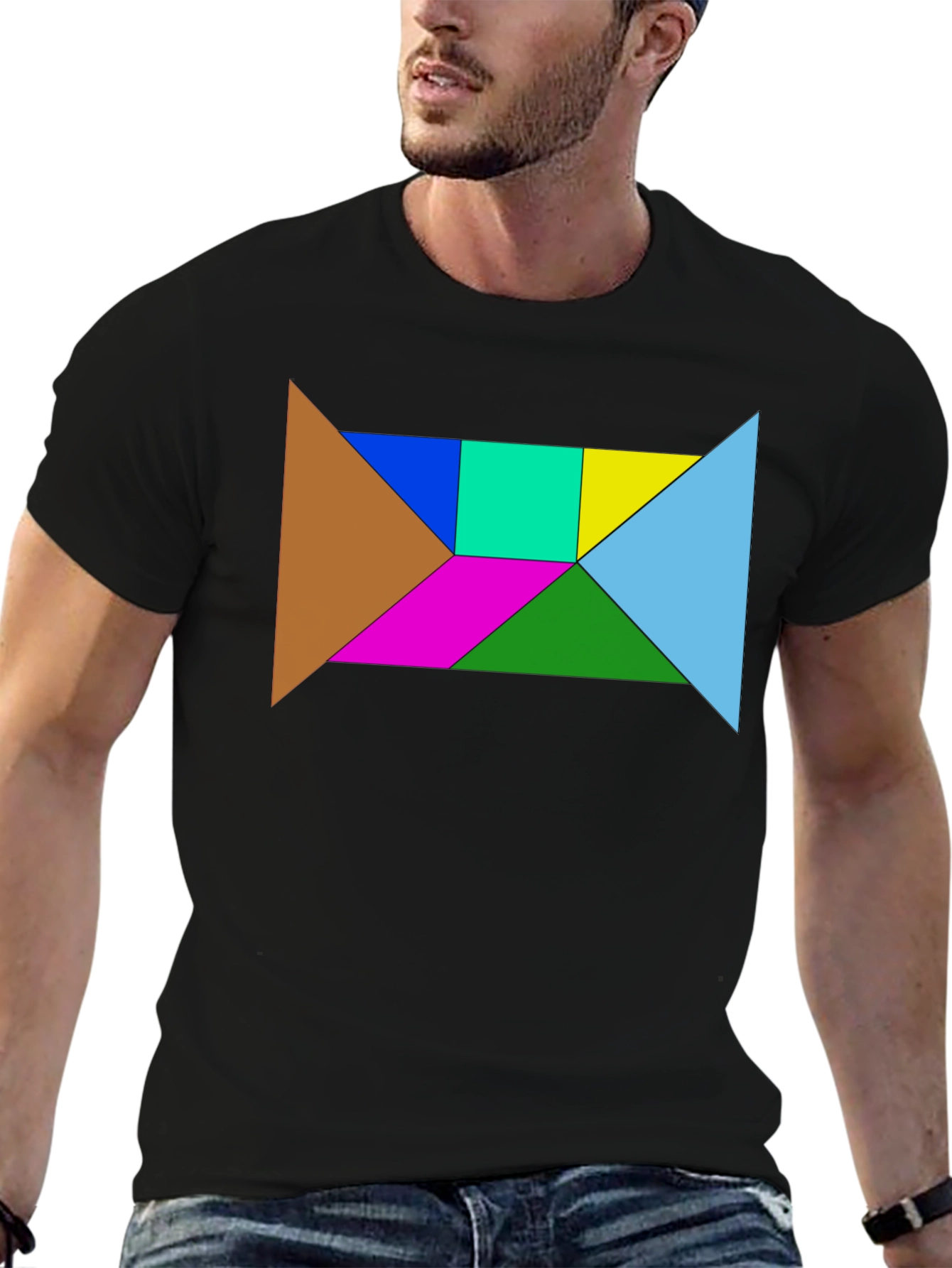 Black Geometric Tangram Puzzle Graphic Tee - Black Cotton Blend view 6