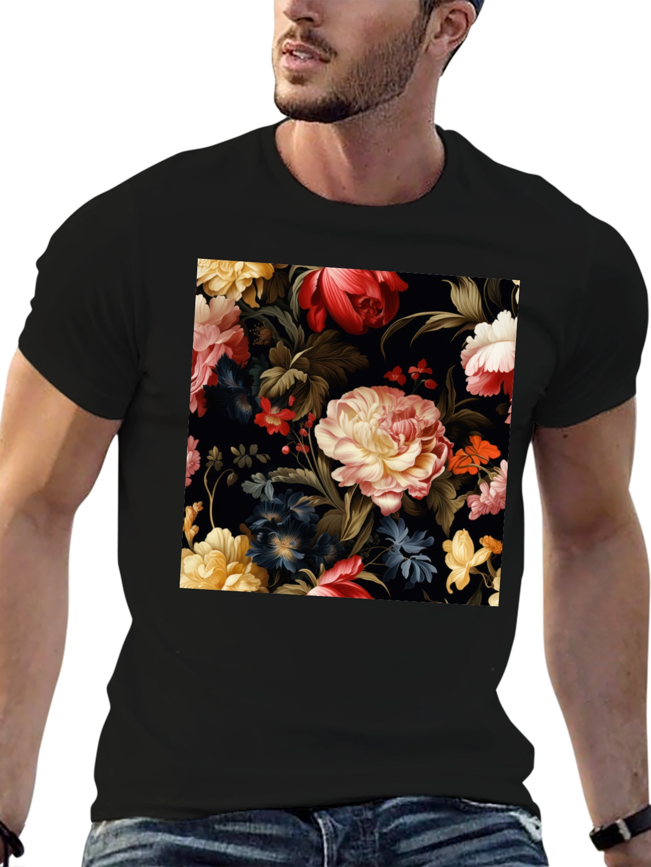 Black Floral Pattern Black T-Shirt view 6