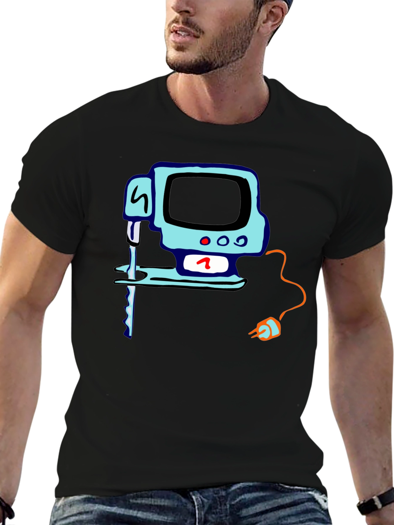 Black Retro Computer T-Shirt - Black Cotton Tee view 6