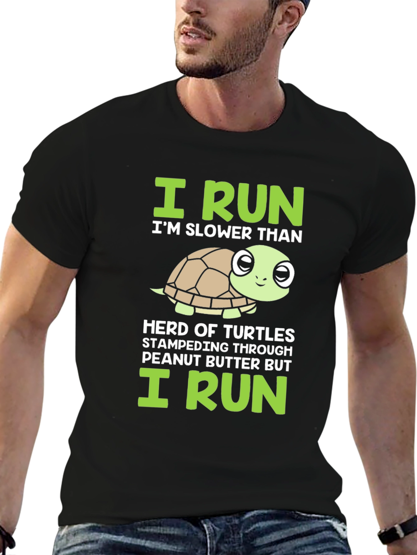 Black Funny Turtle Running T-Shirt - Slower Than Turtles Tee view 6