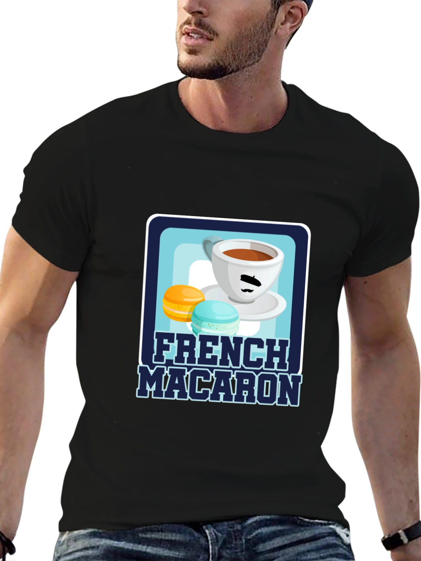 Black French Macaron T-Shirt | Coffee & Dessert Graphic Tee view 6
