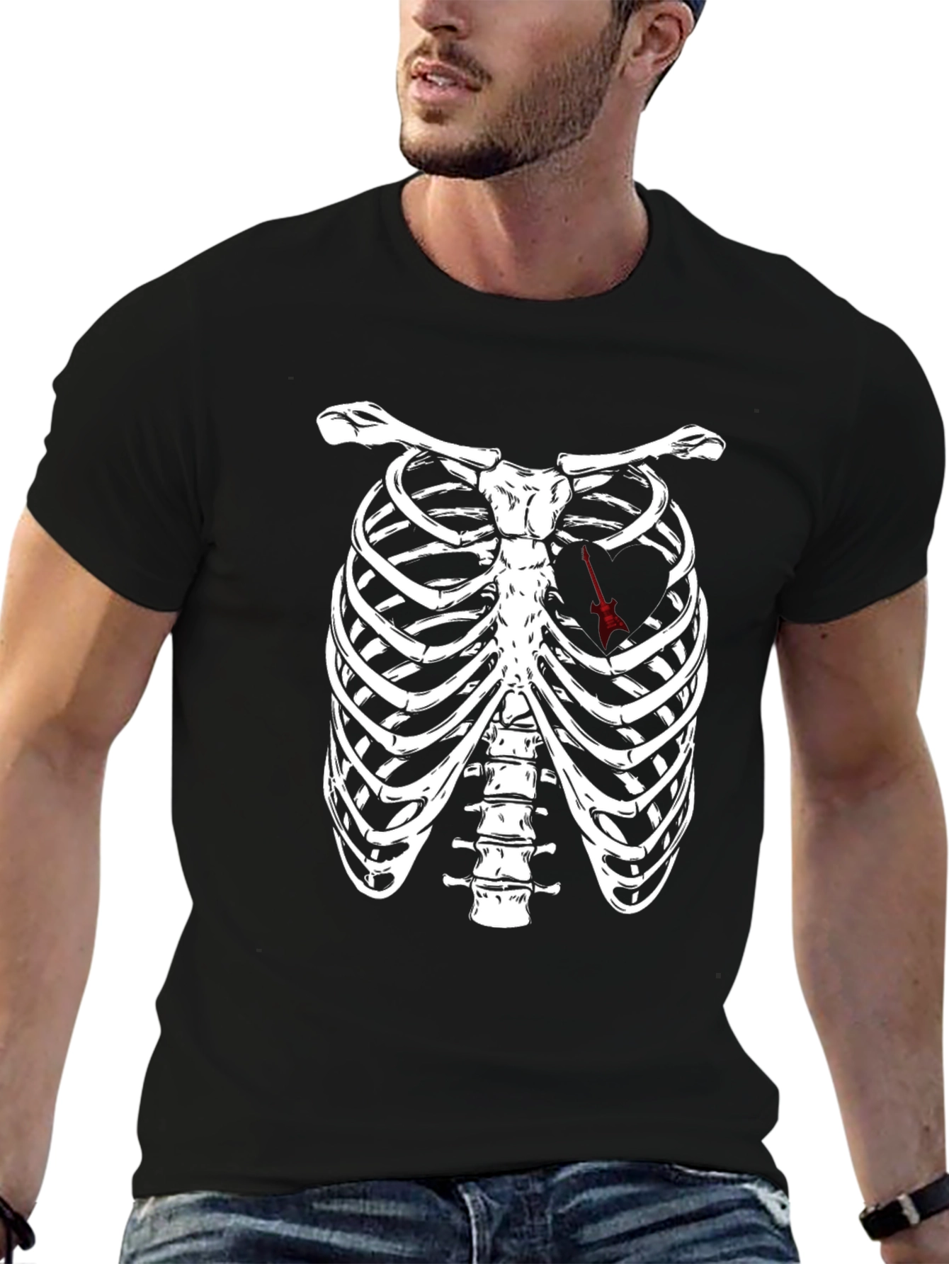 Black Rib Cage Arrow Heart Graphic Tee - Black view 6