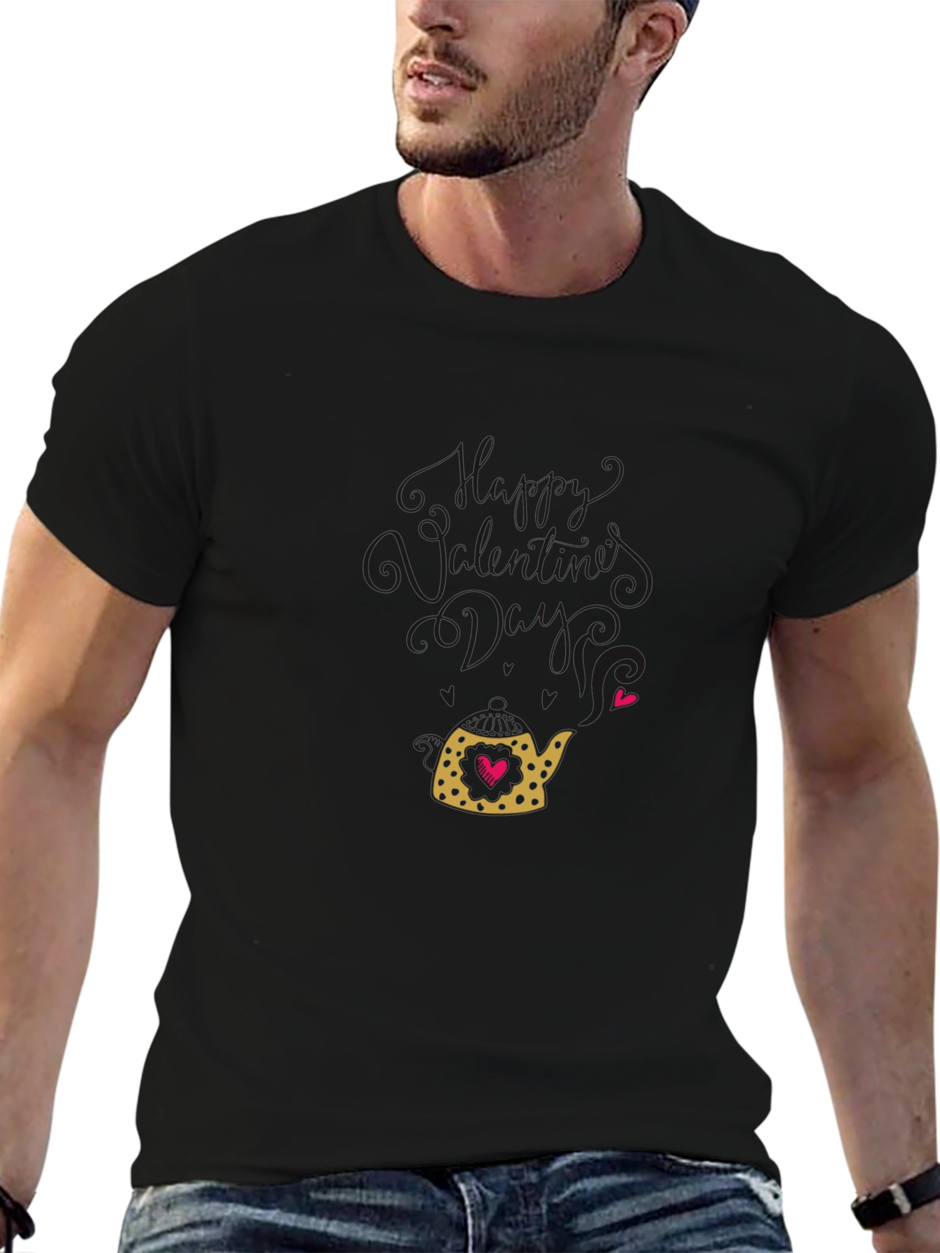 Black Heart Teapot Graphic Tee - Black Cotton Casual T-Shirt view 6