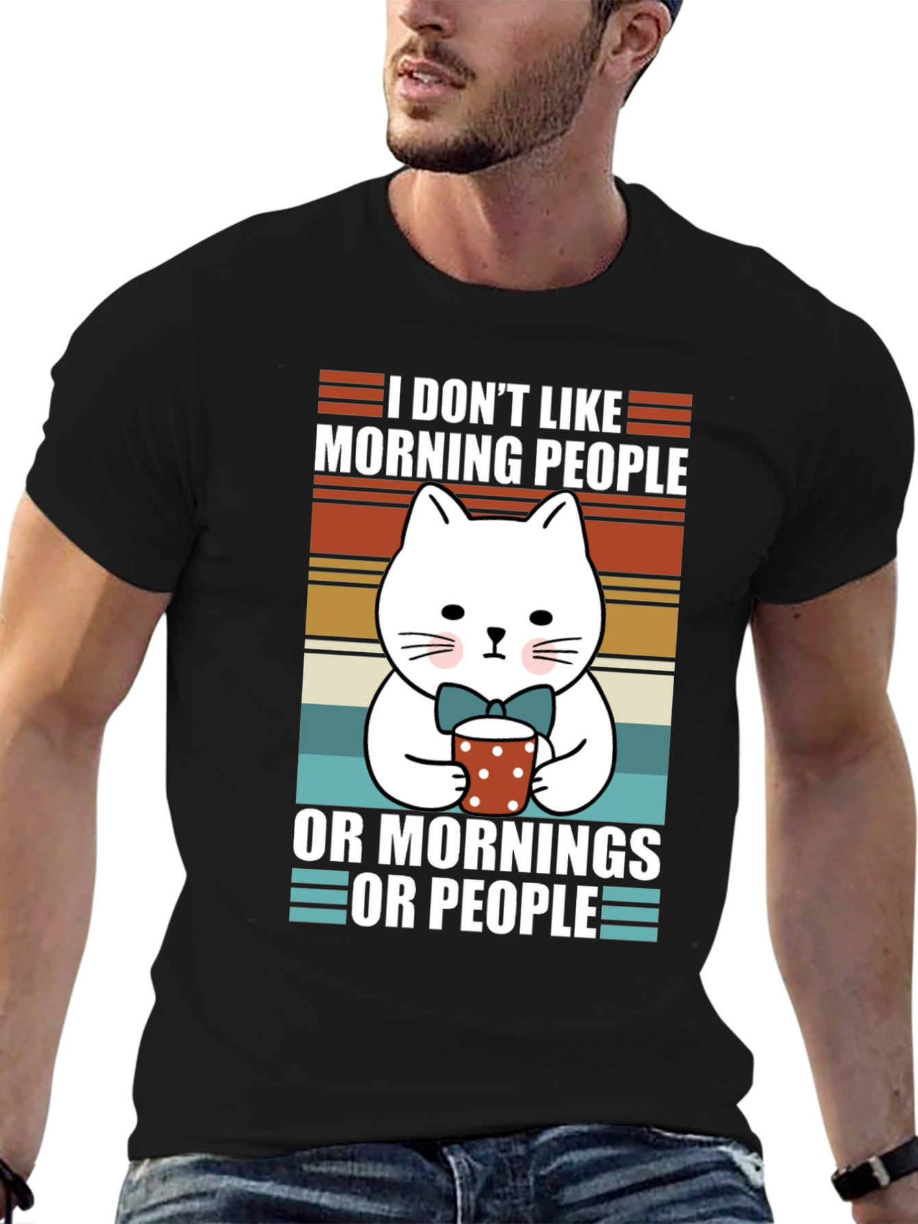 Black Funny Cat Morning People T-Shirt view 6