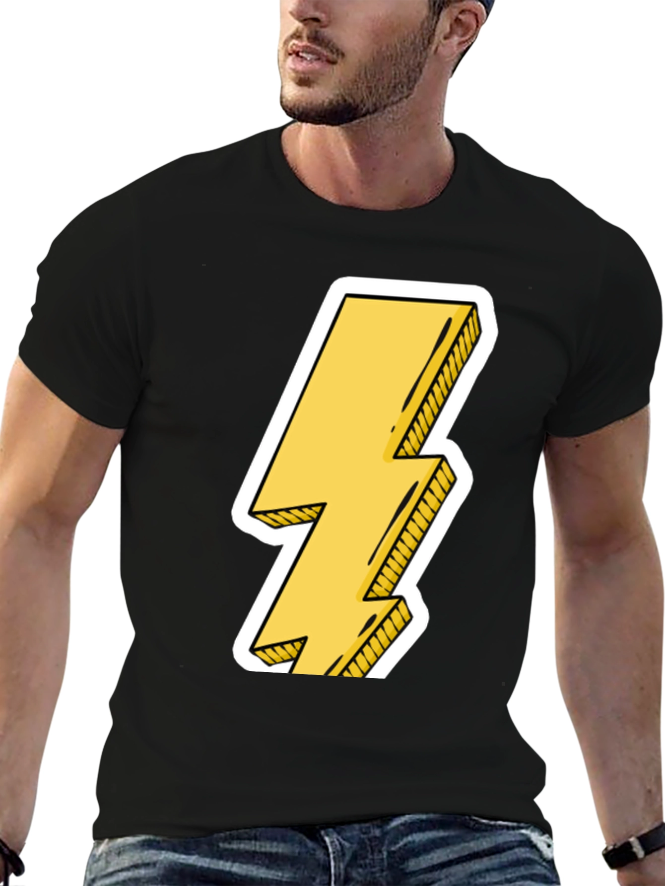 Black Lightning Bolt Graphic Tee - Black Cotton Casual T-Shirt view 6