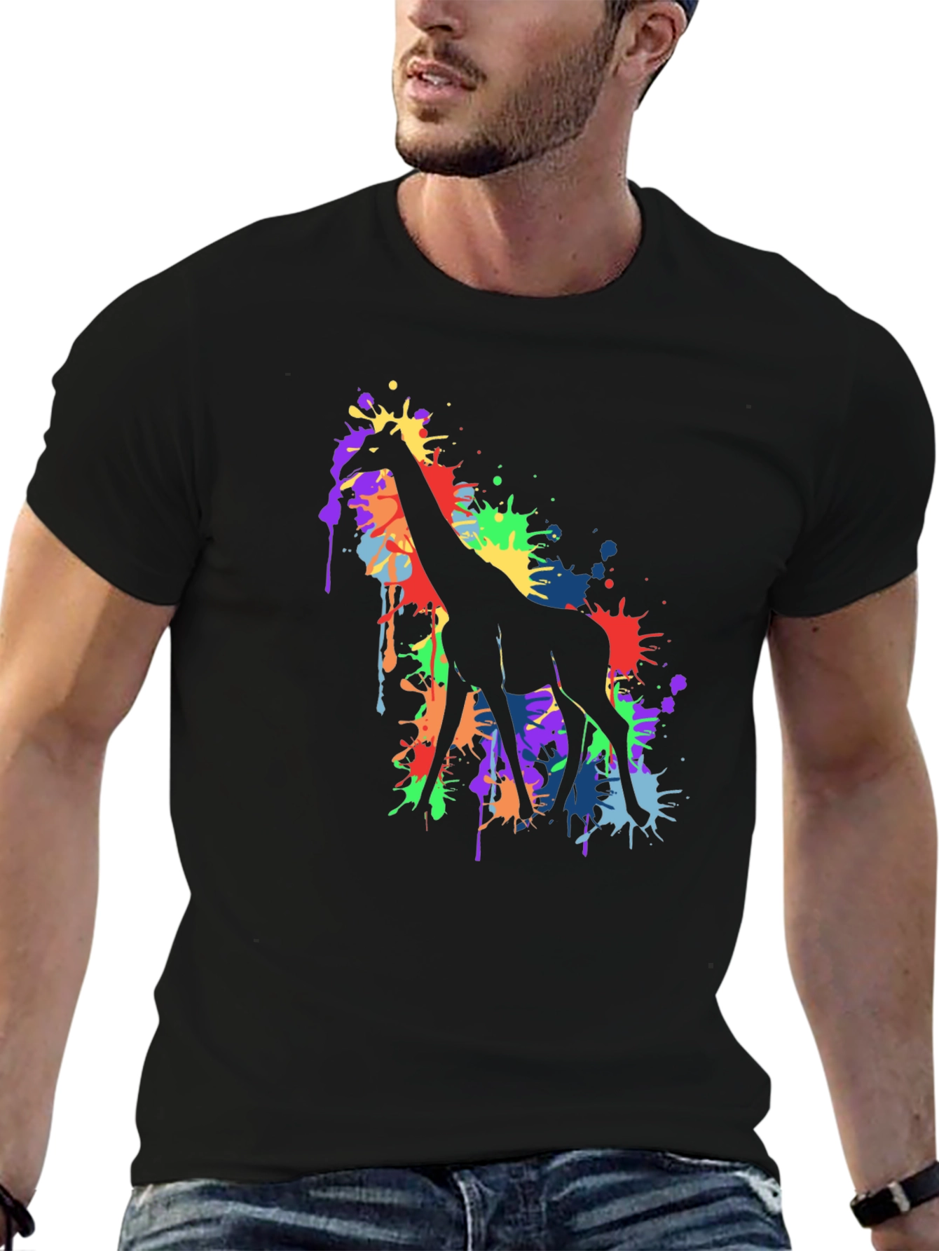 Black Colorful Giraffe Splatter Art Graphic Tee - Black view 6