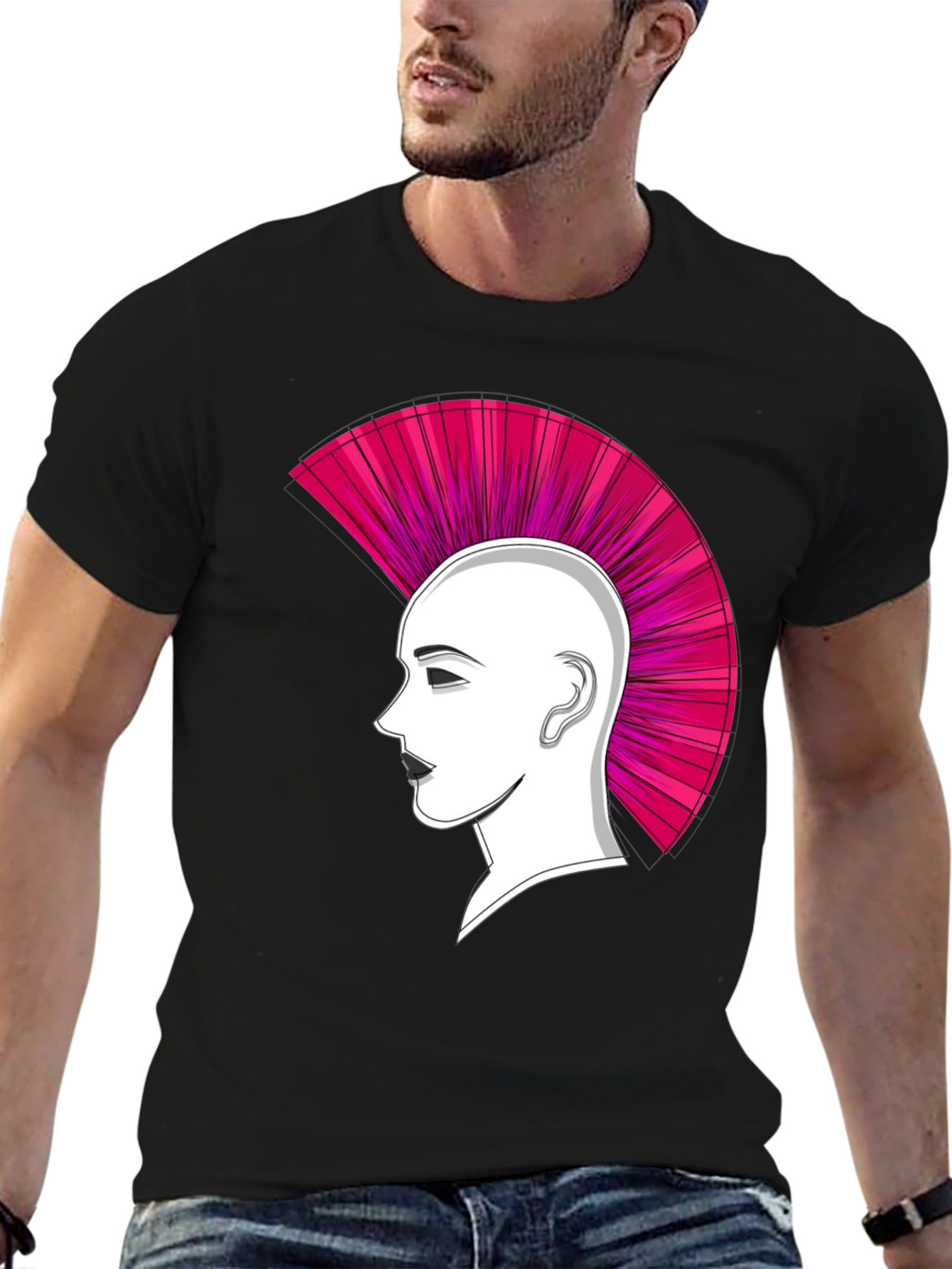 Black Punk Hairstyle Graphic Tee - Black Cotton T-Shirt view 6