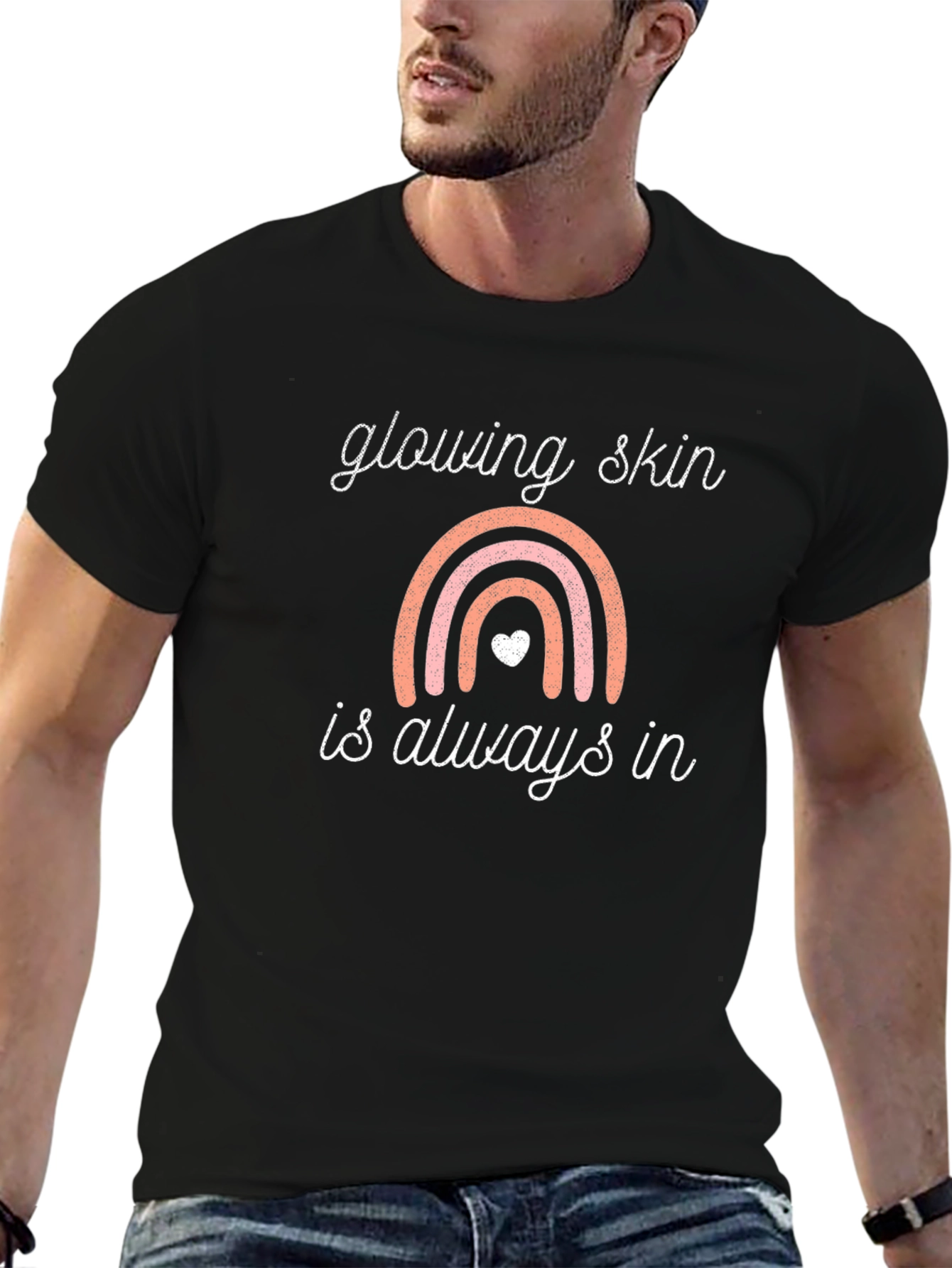 Black Glowing Skin T-Shirt: Rainbow Design Black Tee view 6