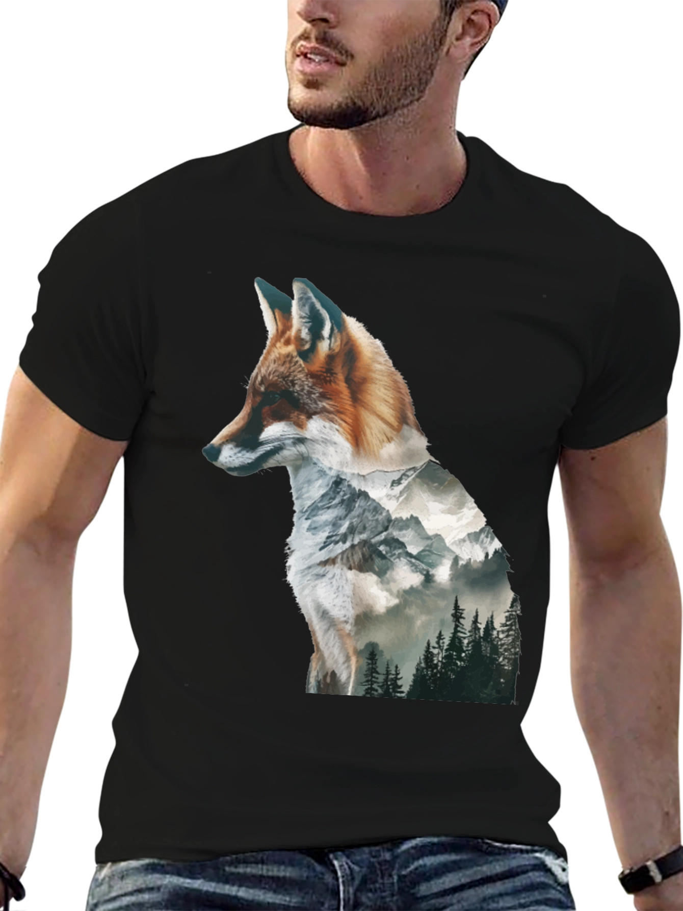 Black Fox & Mountain Graphic Print Black T-Shirt view 6
