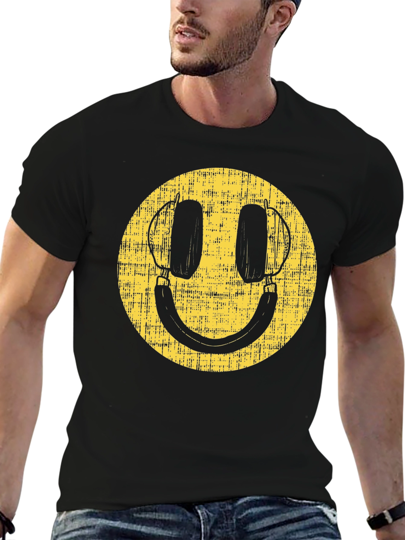 Black Retro Smiley Face Headphones Black T-Shirt view 6