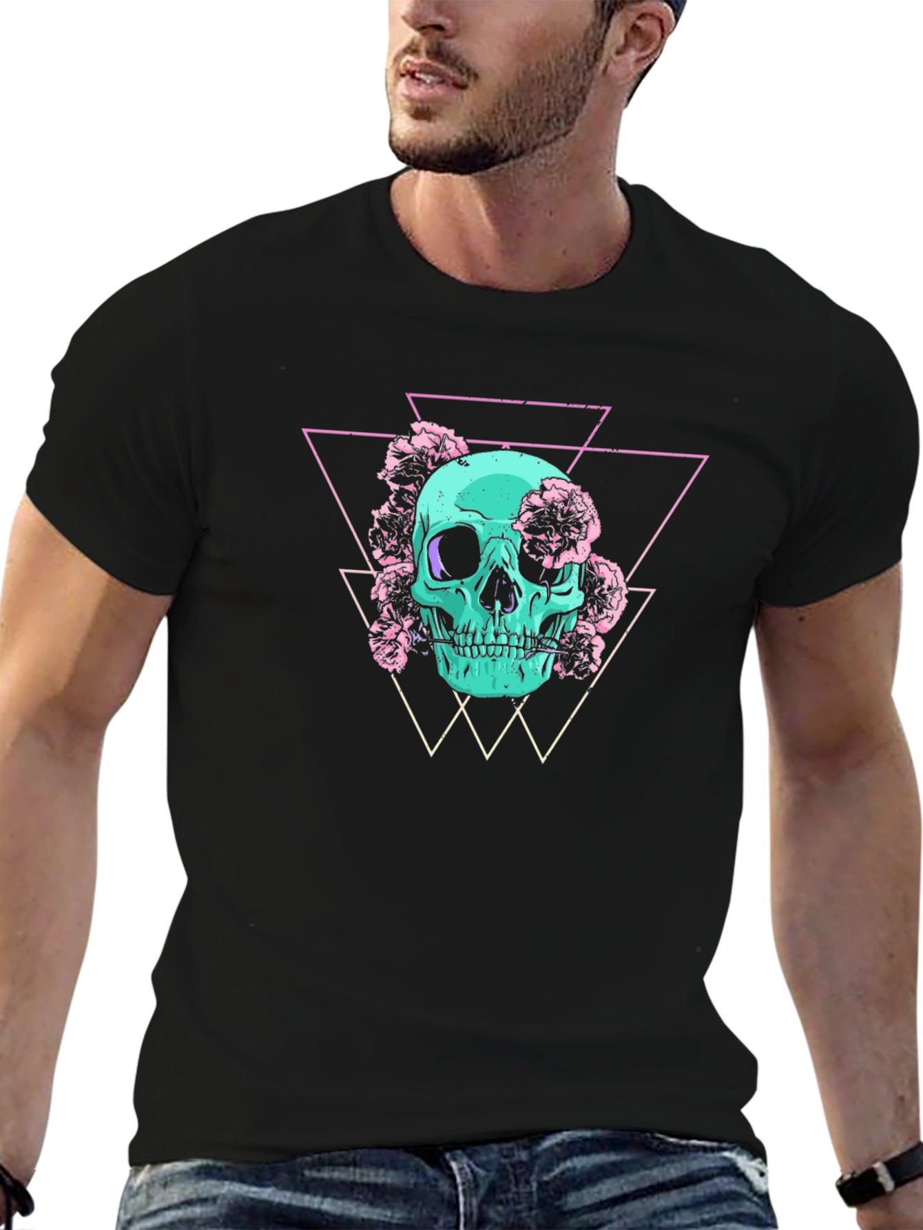Black Skull & Flowers Graphic Tee - Edgy Style view 6