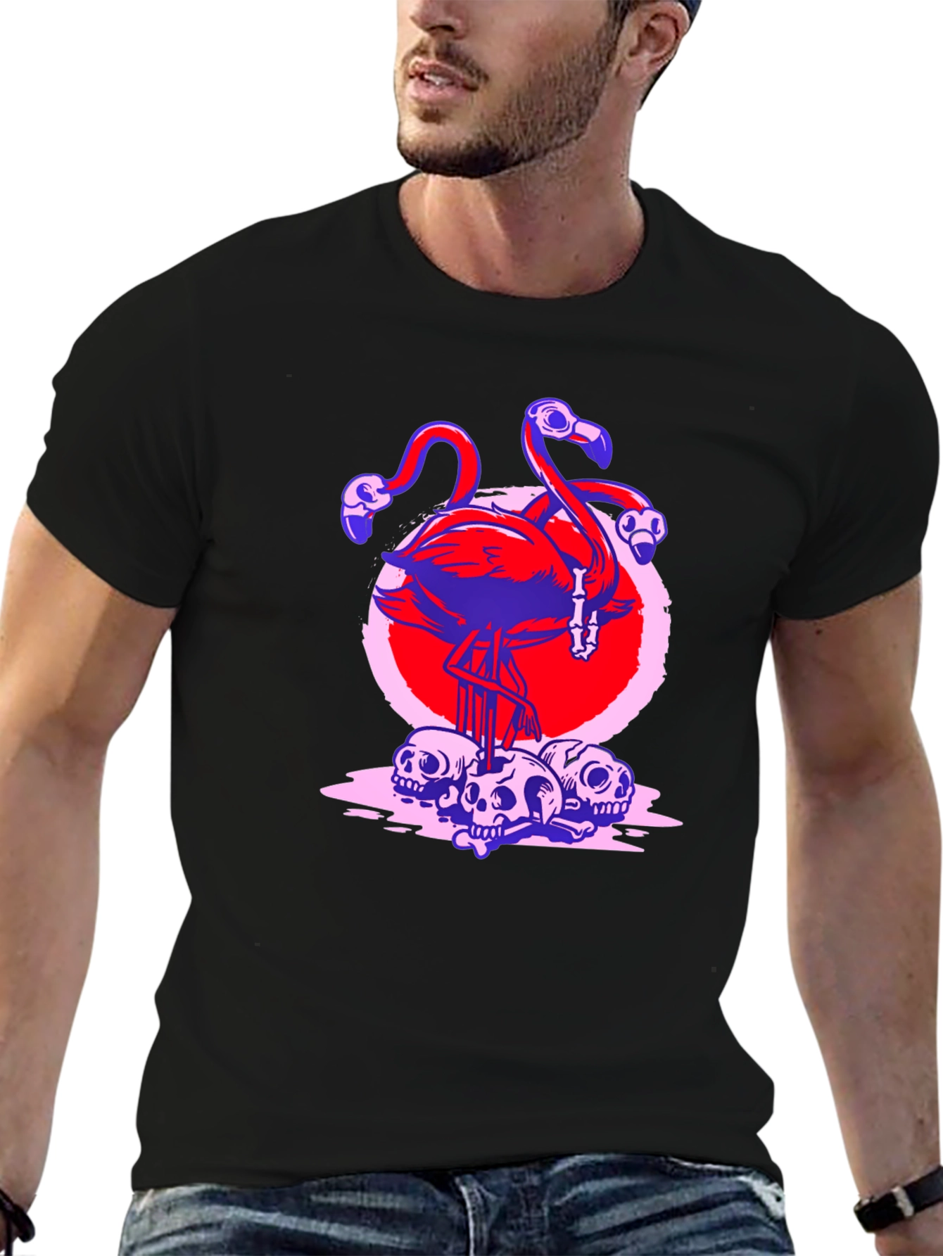 Black Flamingo Skull Graphic Tee - Unique Design T-Shirt view 6