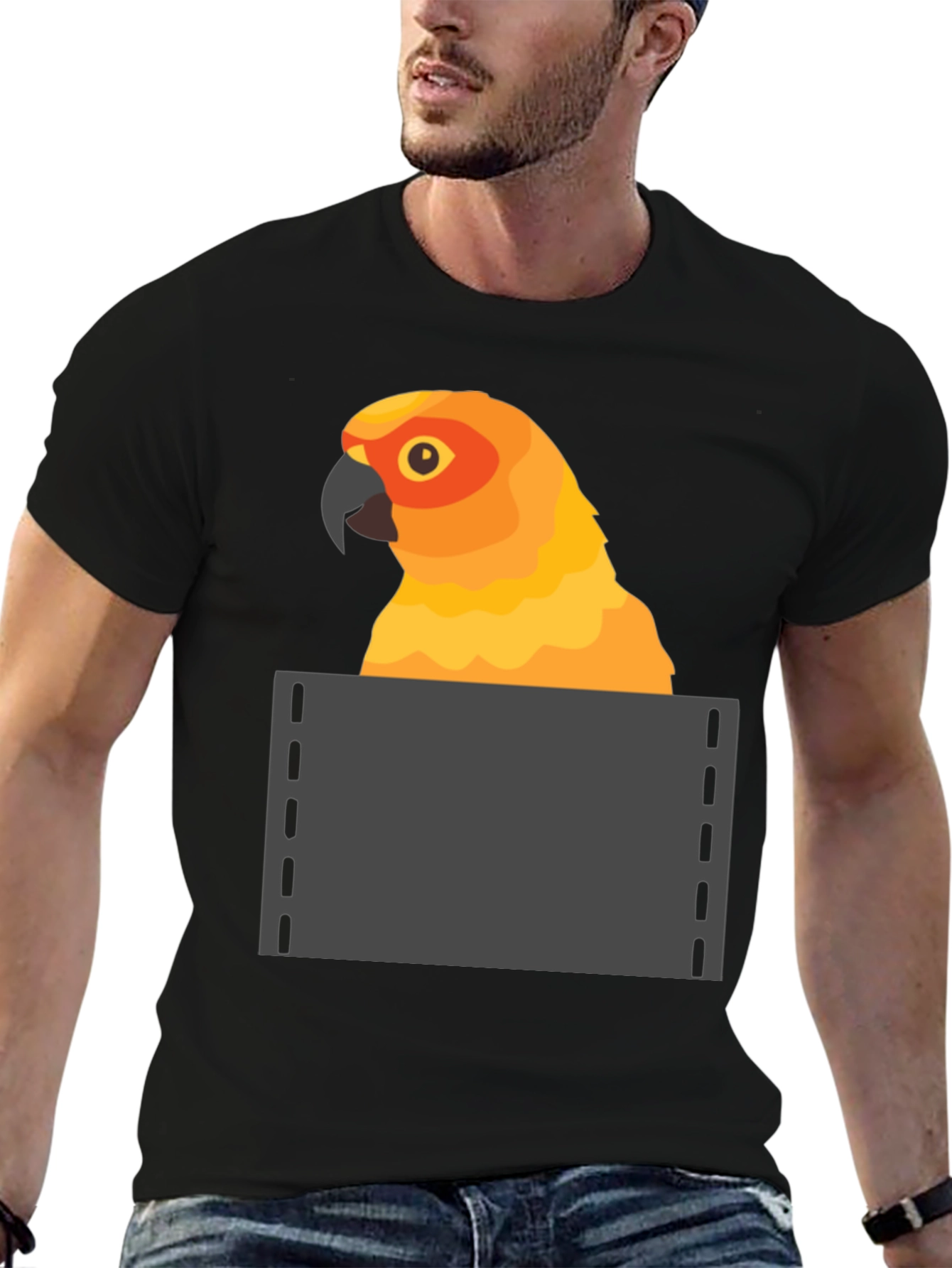 Black Parrot in Pocket Graphic Tee - Fun Animal T-Shirt view 6