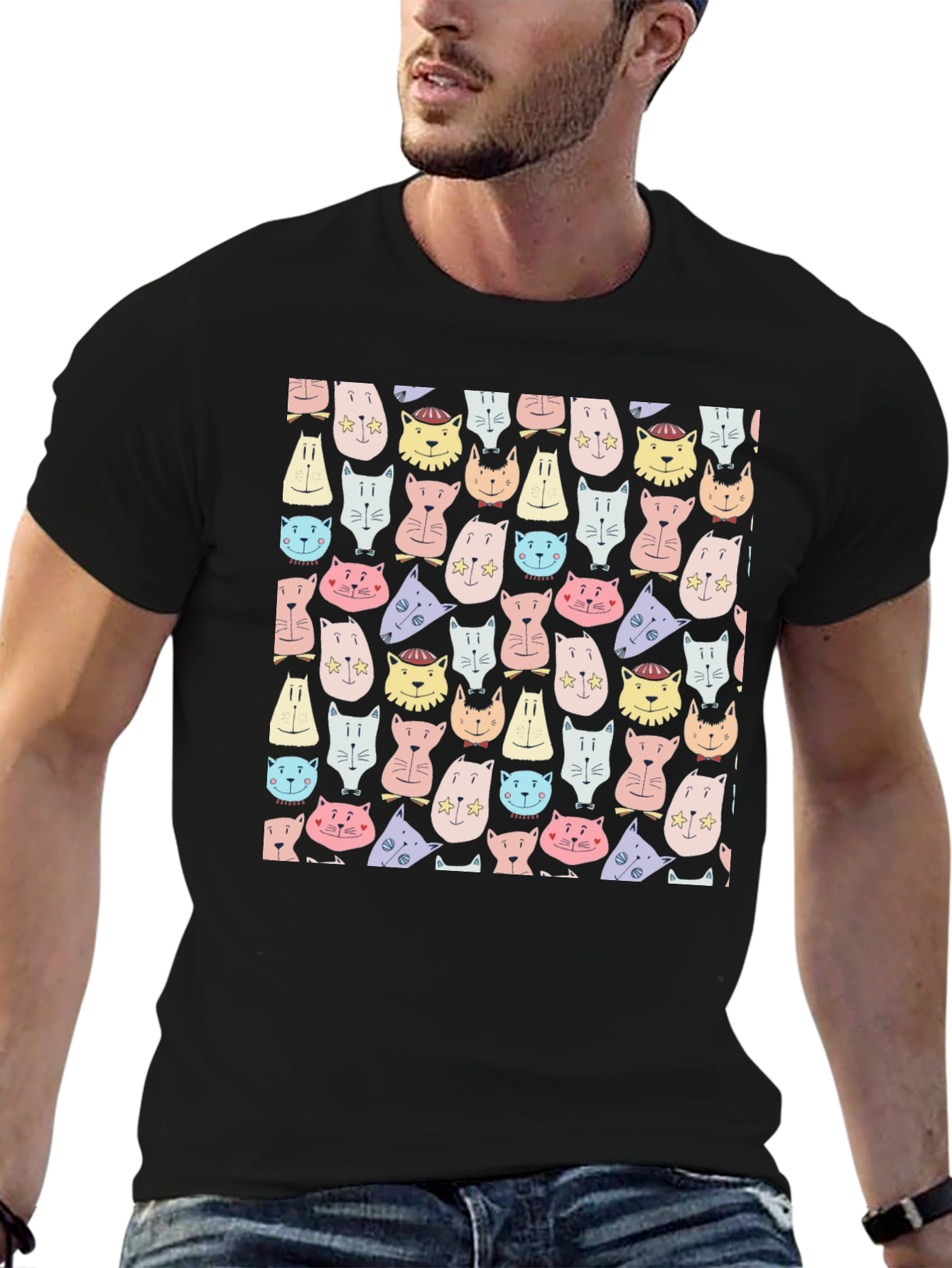 Black Cute Cats Pattern Tee - Unisex Black T-Shirt view 6