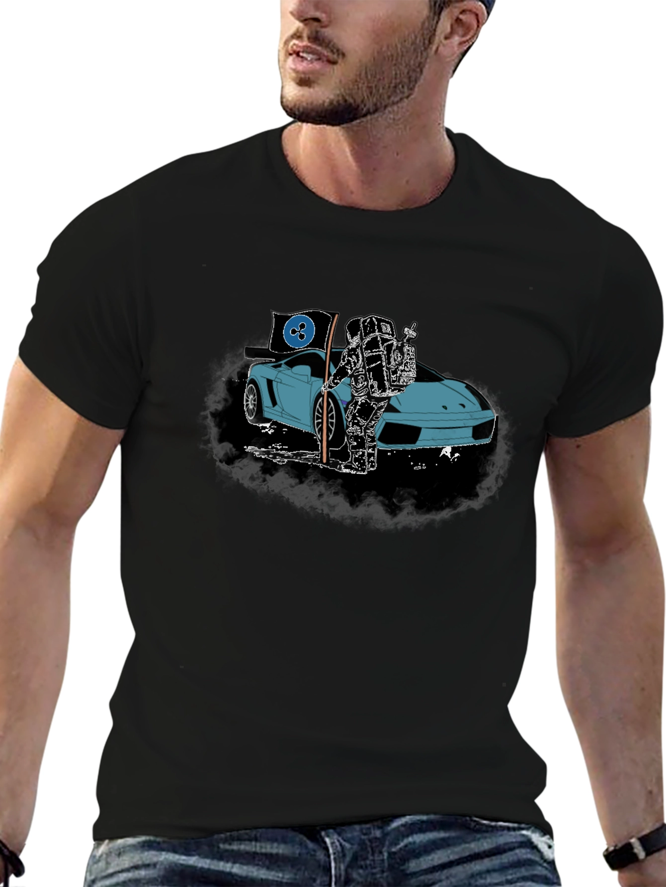 Black Astronaut & Sports Car Graphic T-Shirt view 6