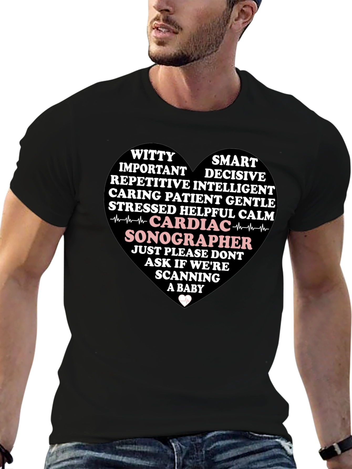 Black Cardiac Sonographer Heart T-Shirt view 6