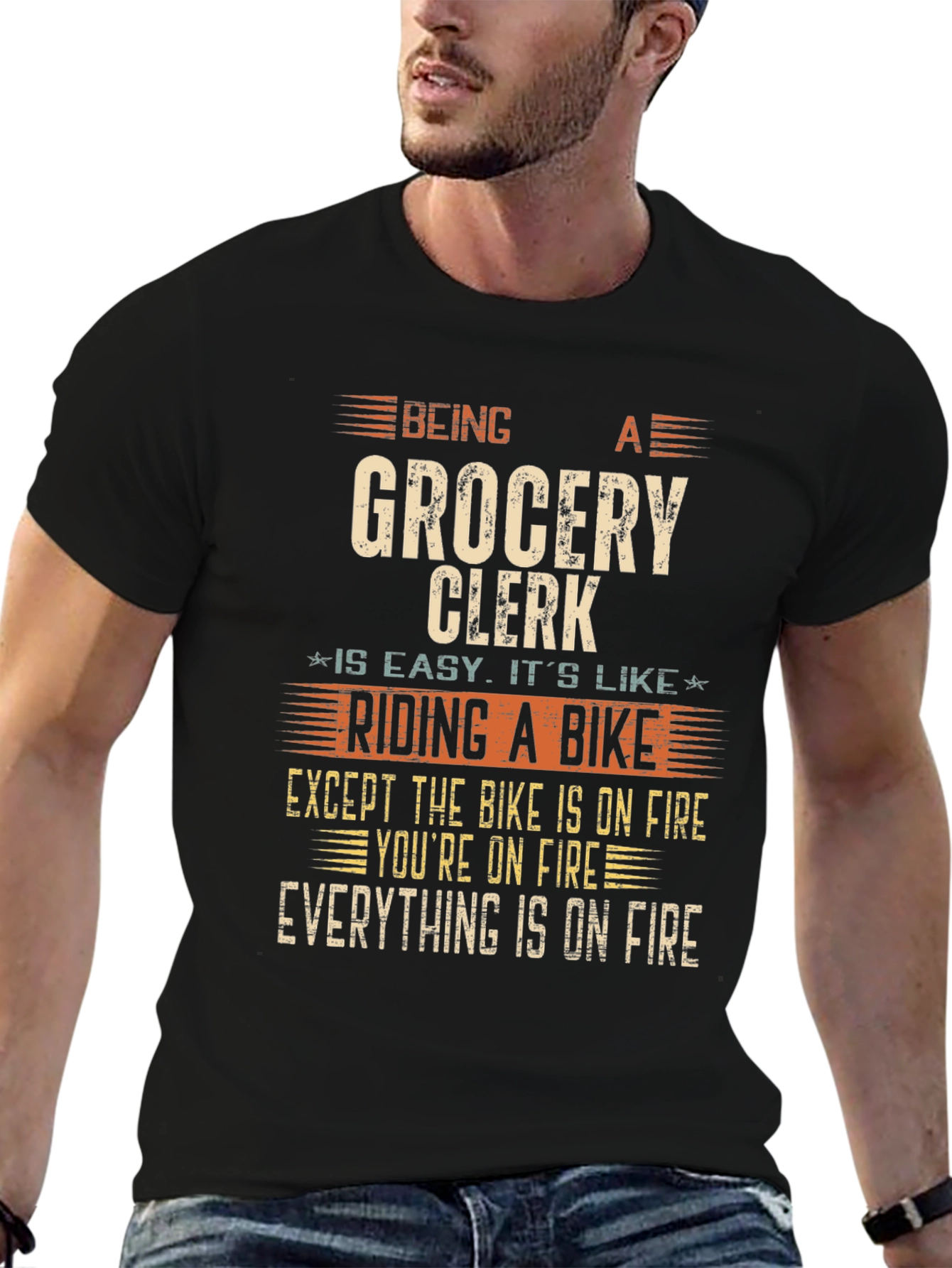 Black Funny Grocery Clerk T-Shirt: Riding A Bike On Fire view 6