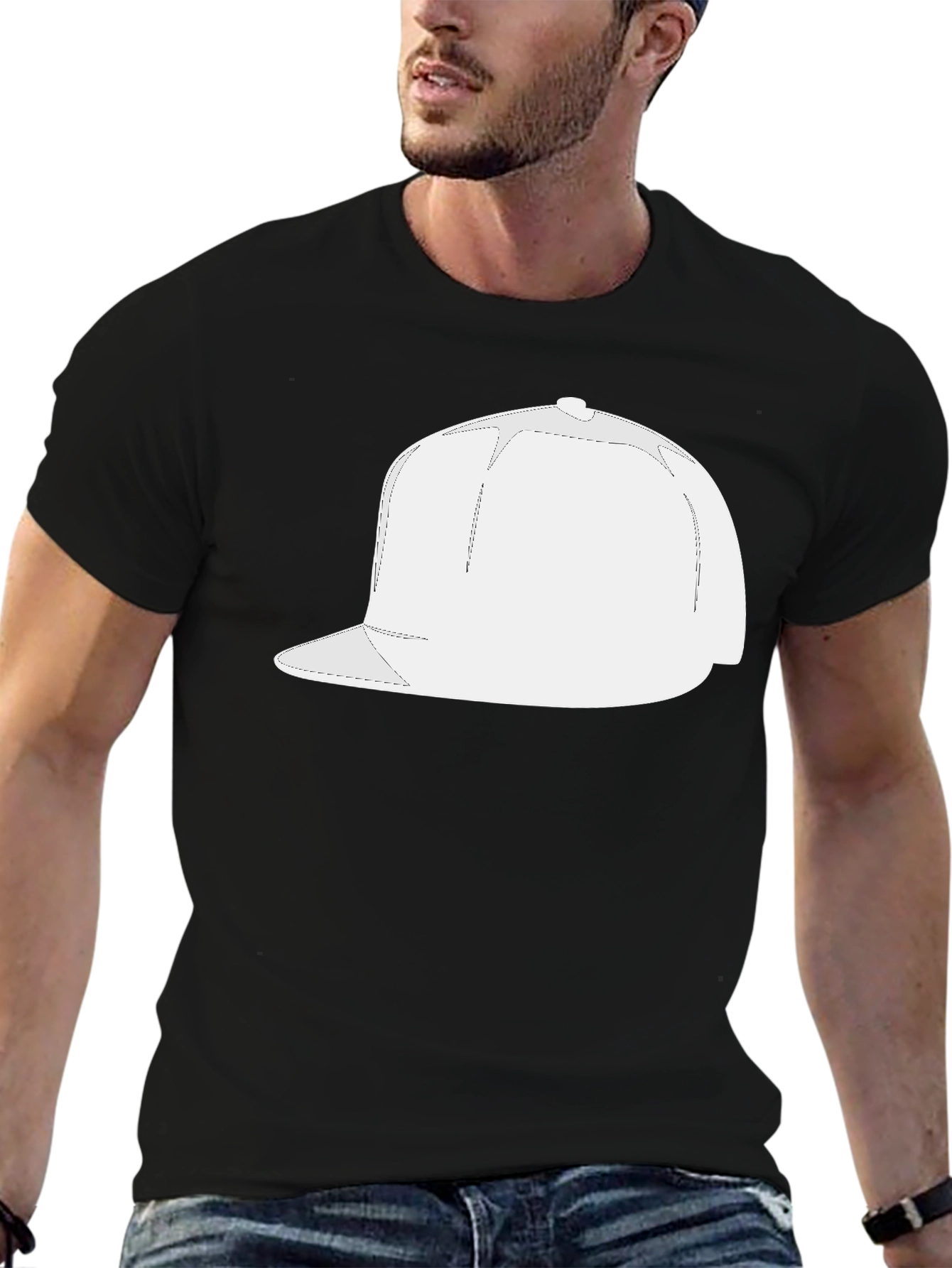 Black Men's Black T-Shirt with White Cap Graphic view 6