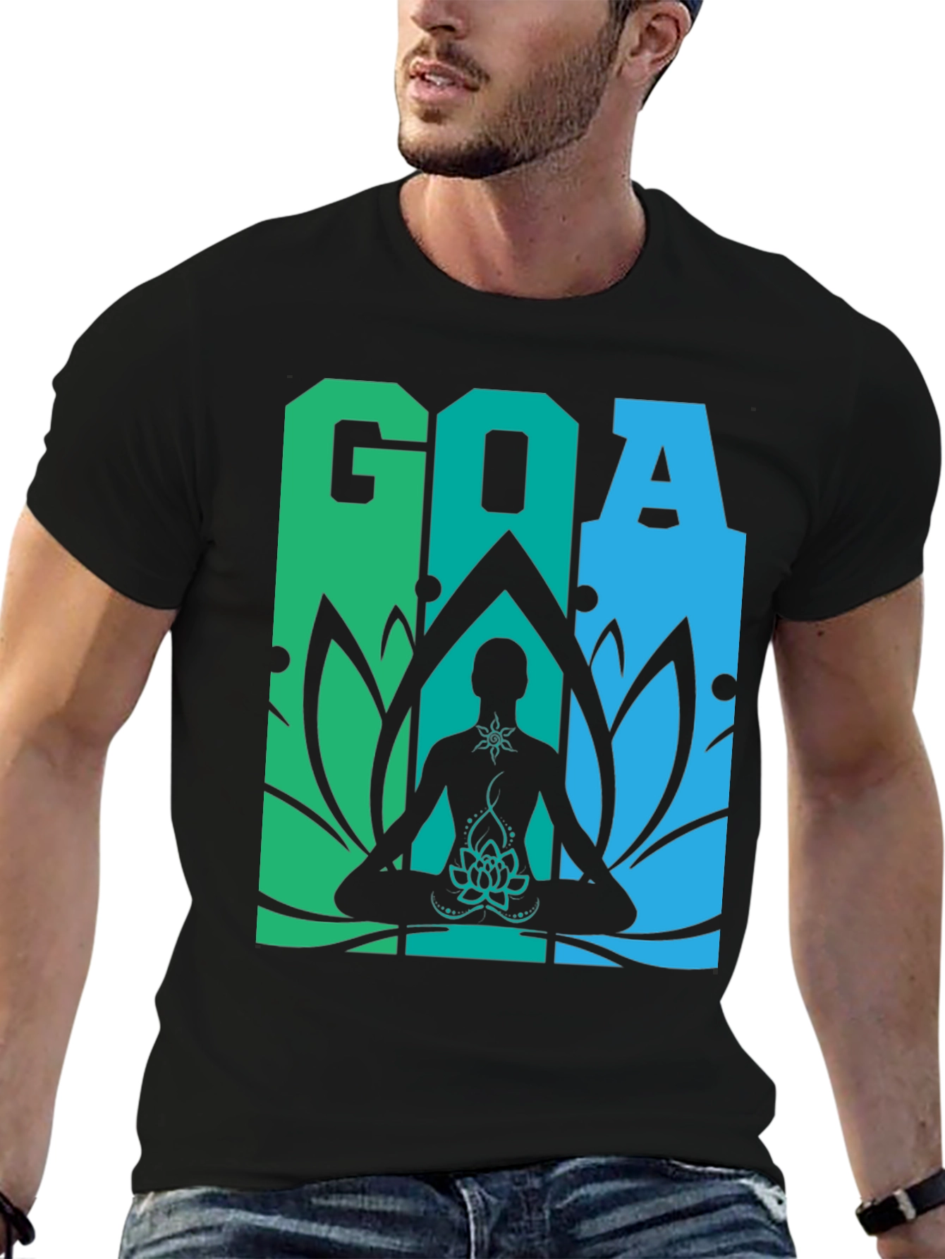 Black Goa Meditation T-Shirt - Yoga Lotus Design view 6