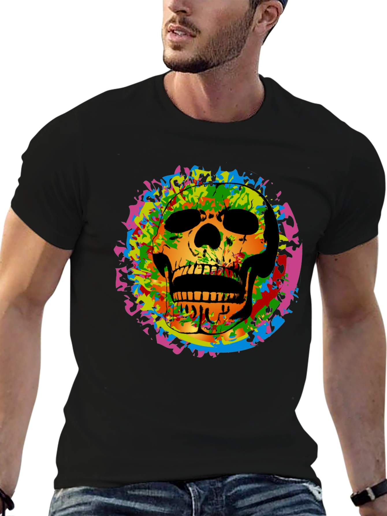 Black Colorful Skull Graphic Tee - Edgy Men's Black T-Shirt view 6