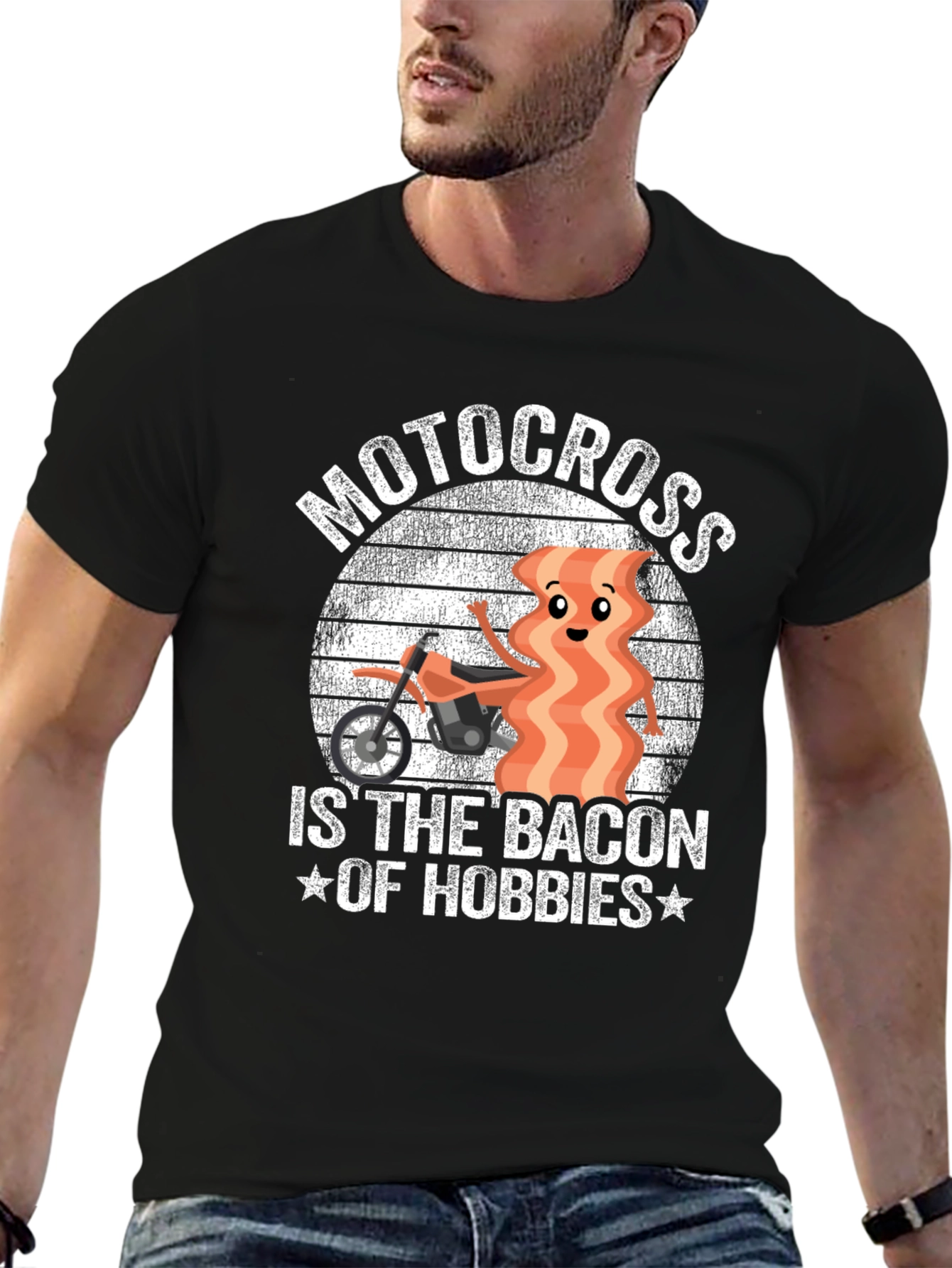 Black Motocross Bacon Hobbies Black Graphic Tee view 6