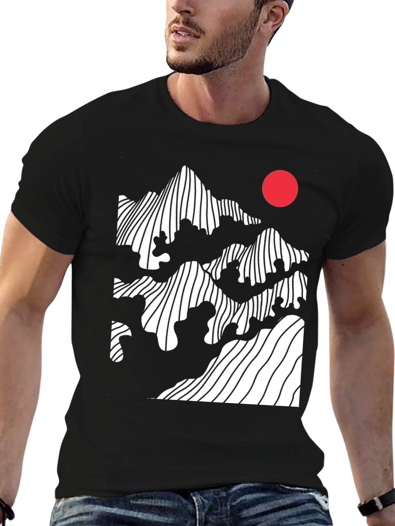 Black Abstract Mountain & Sun Graphic Tee - Modern Black T-Shirt view 6