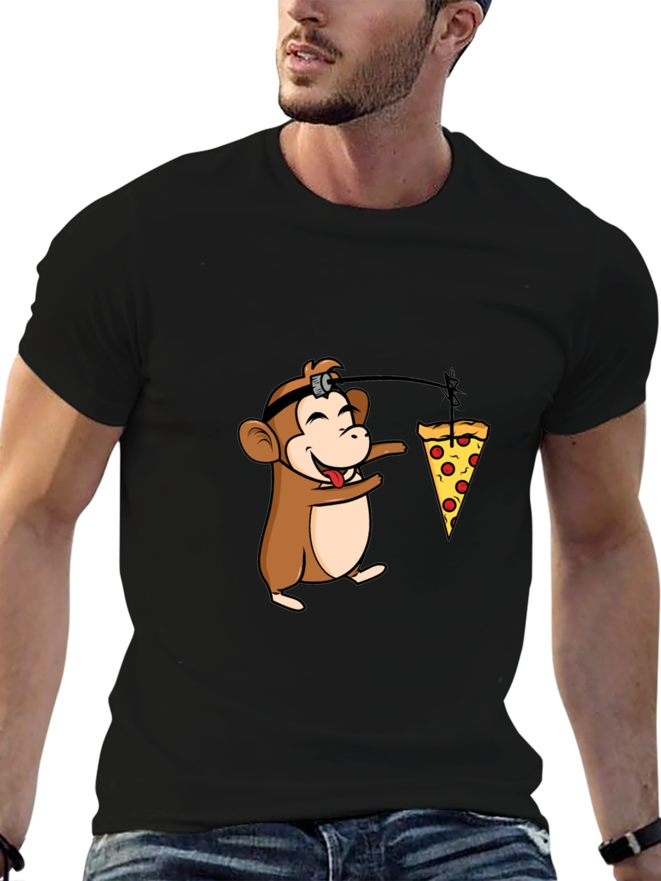 Black Funny Monkey Pizza T-Shirt - Novelty Cartoon Tee view 6