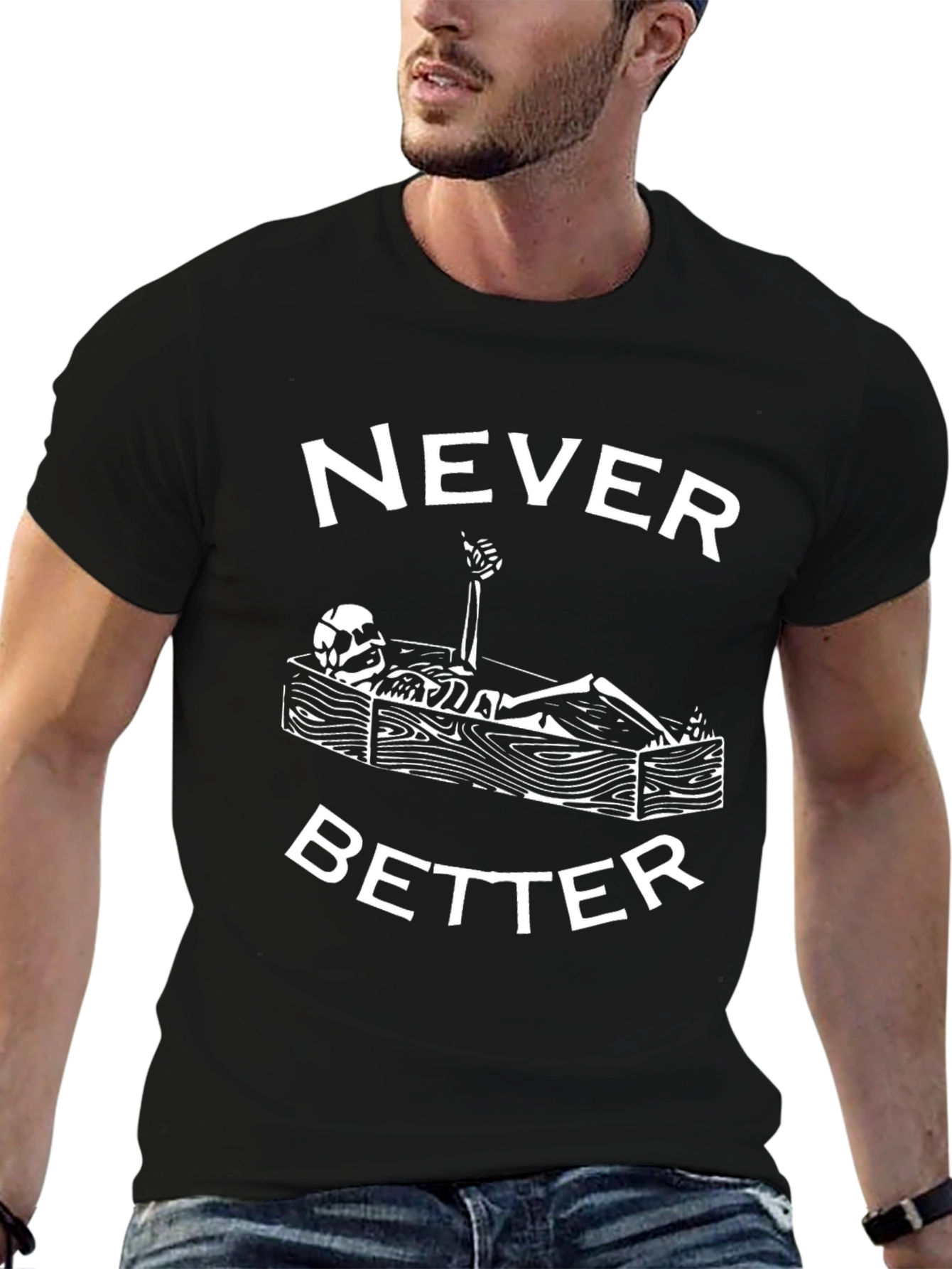 Black Never Better Skeleton Coffin Graphic Tee - Black Cotton T-Shirt view 6