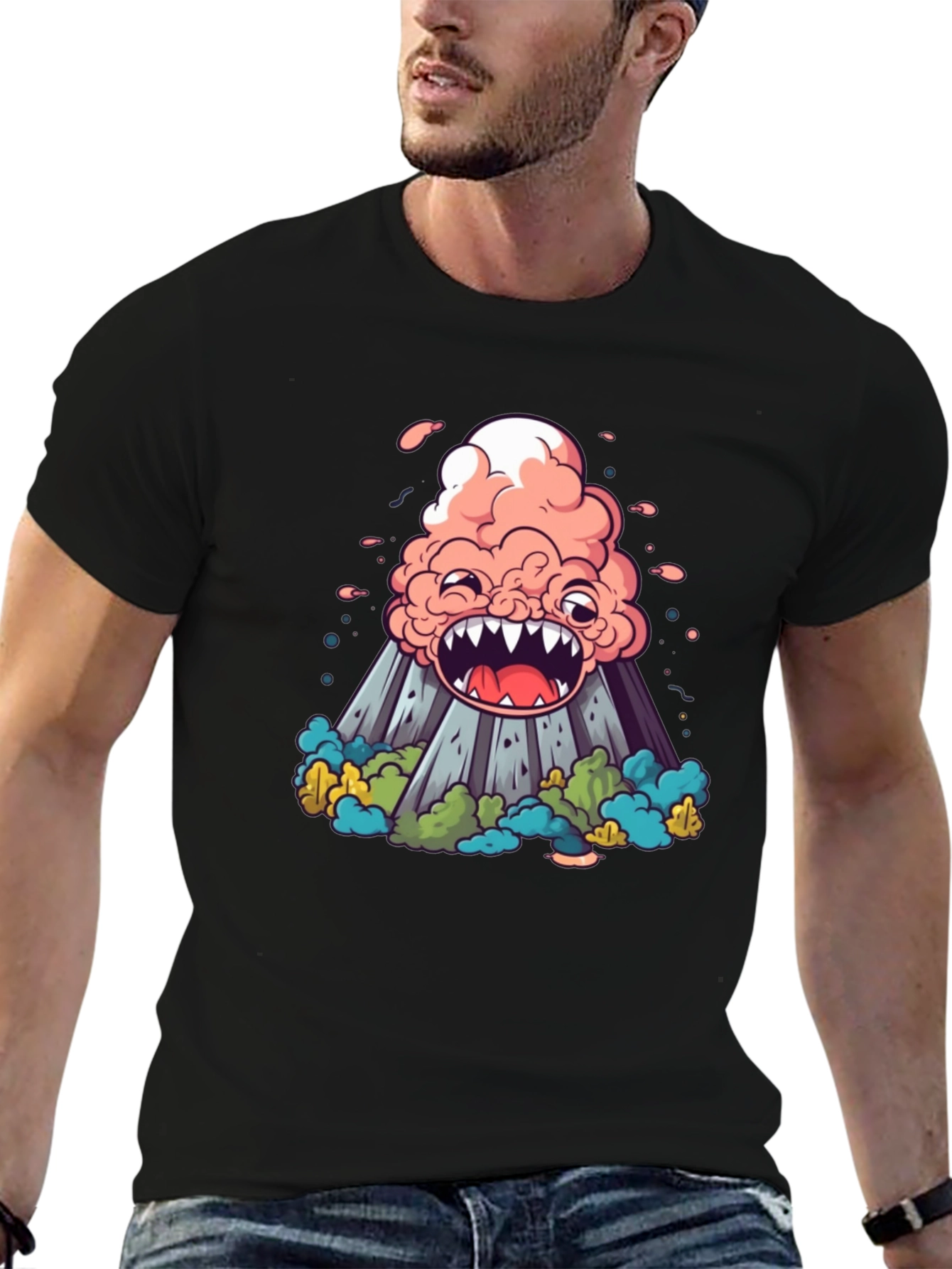 Black Volcano Monster Graphic Black T-Shirt view 6