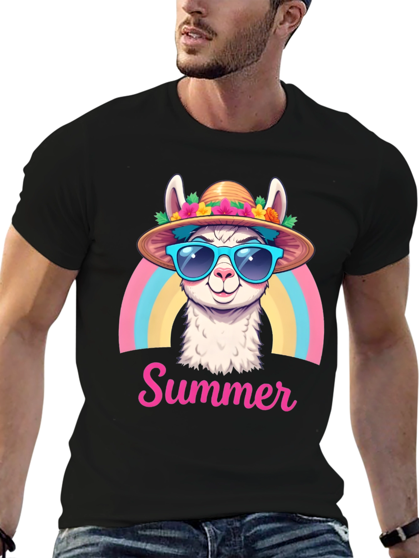 Black Summer Llama T-Shirt Rainbow Hat Sunglasses view 6