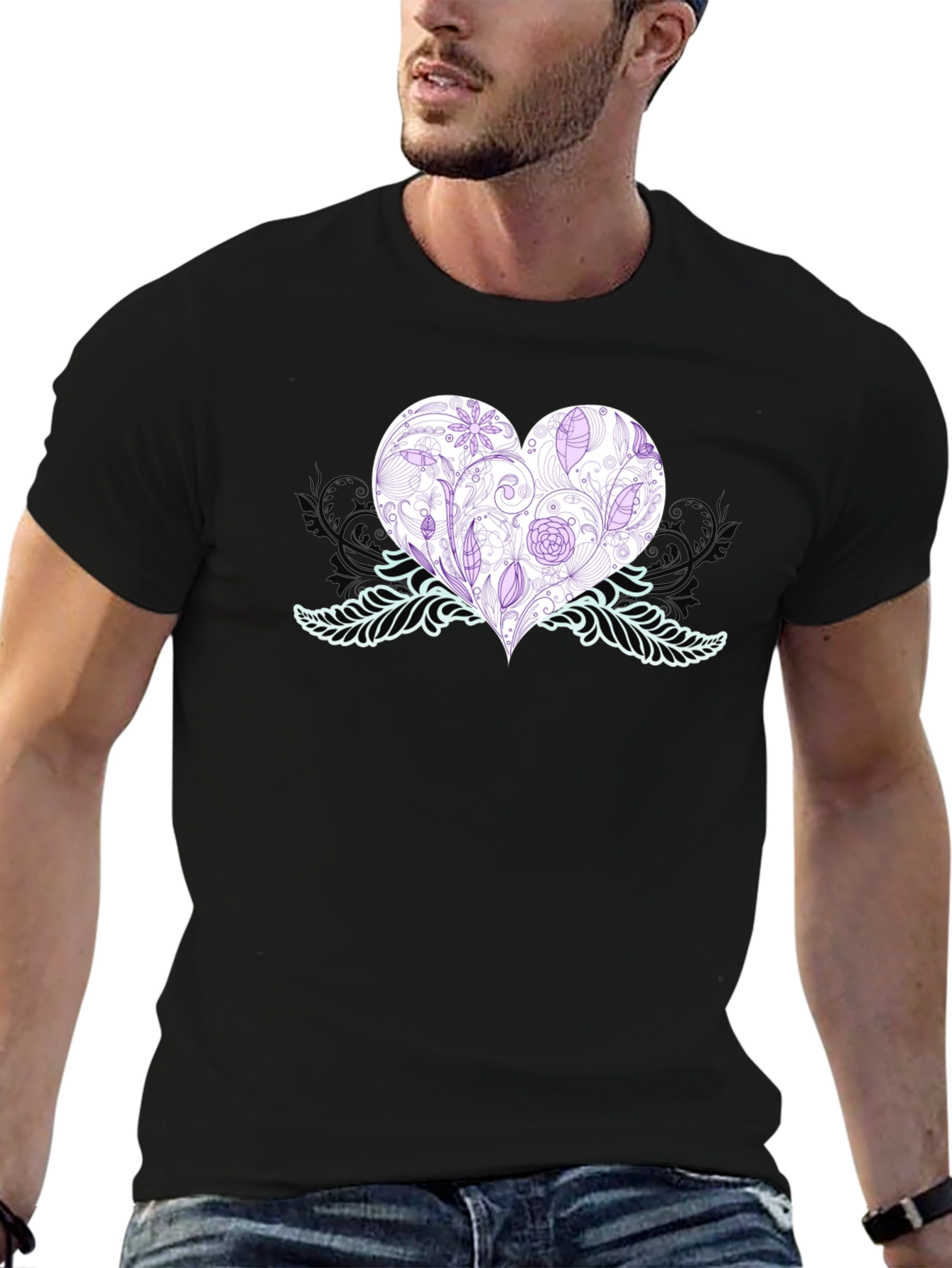 Black Floral Heart Graphic T-Shirt - Black view 6