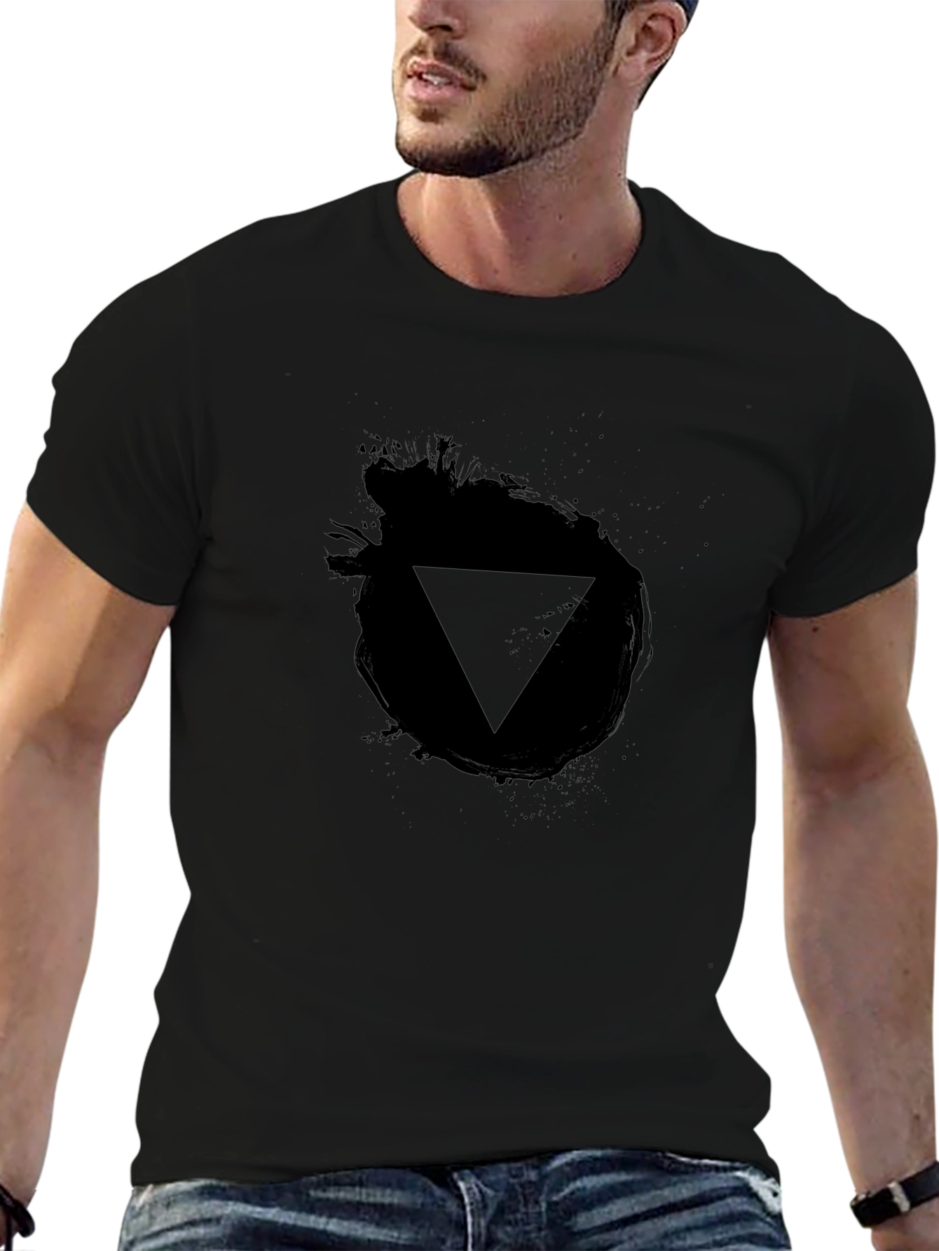 Black Men's Black T-Shirt - Triangle Ink Design view 6