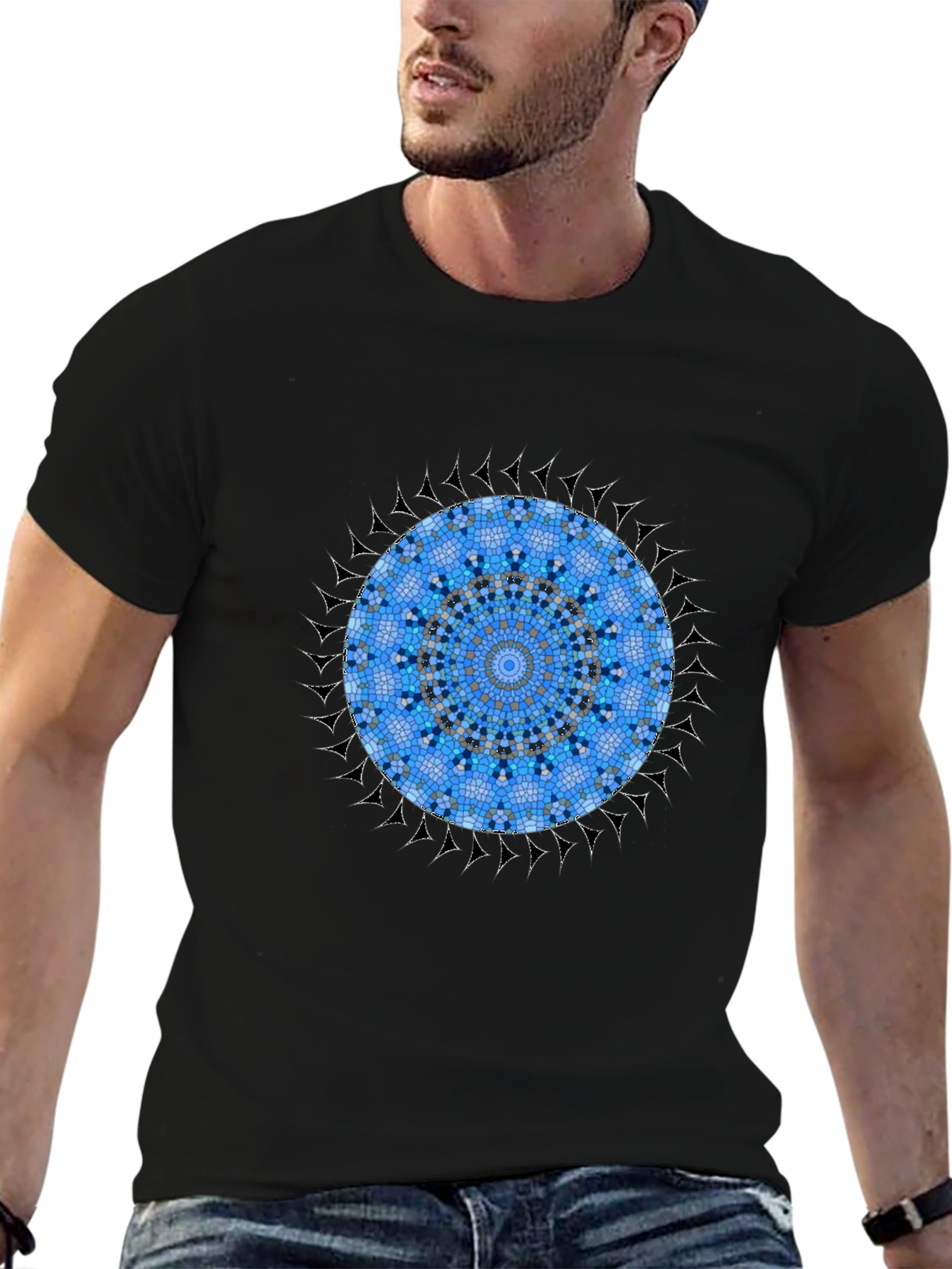 Black Blue Mosaic Mandala Graphic Black T-Shirt view 6