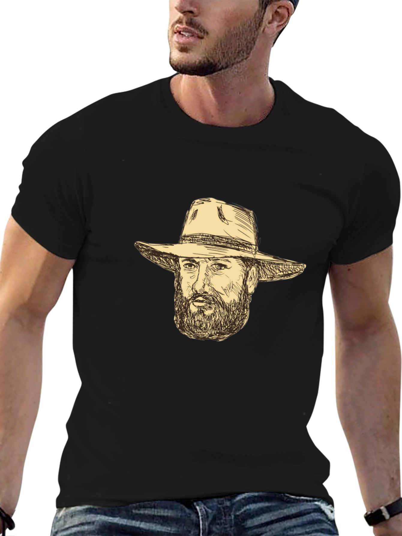 Black Black T-Shirt with Cowboy Sketch view 6